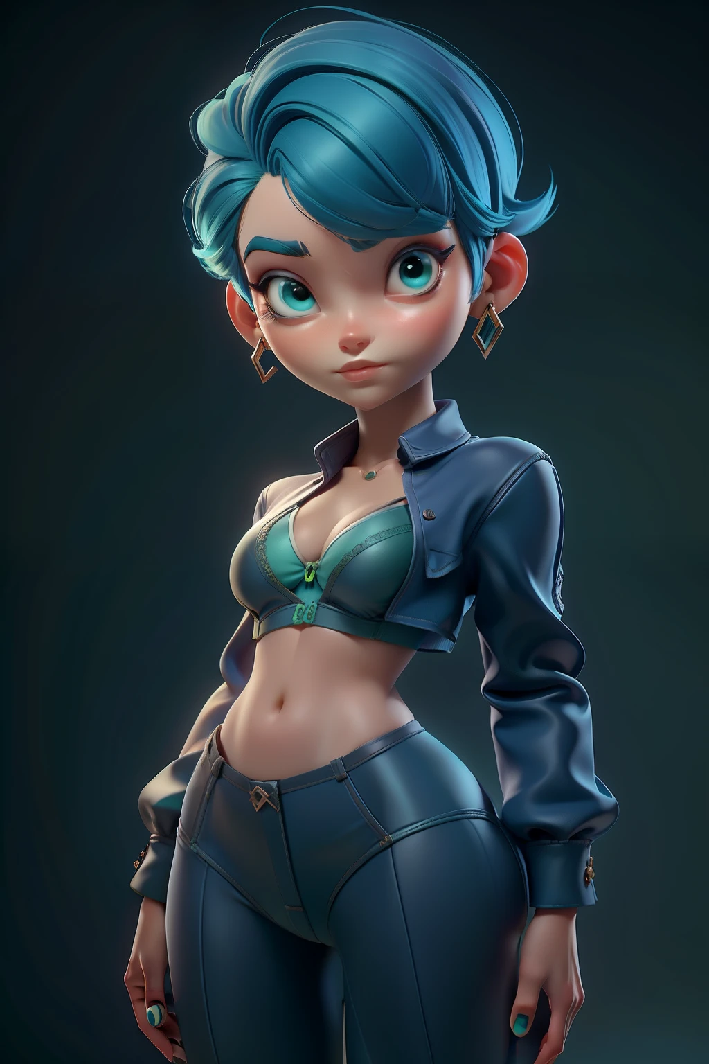 Personagem. De corpo inteiro, rosto estilo 3D, ****** meiga e delicada, com cabelos longos coloridos,chocolate,Short blue hair,underwear bra,green eyes,Round metal earrings,Silent colors,