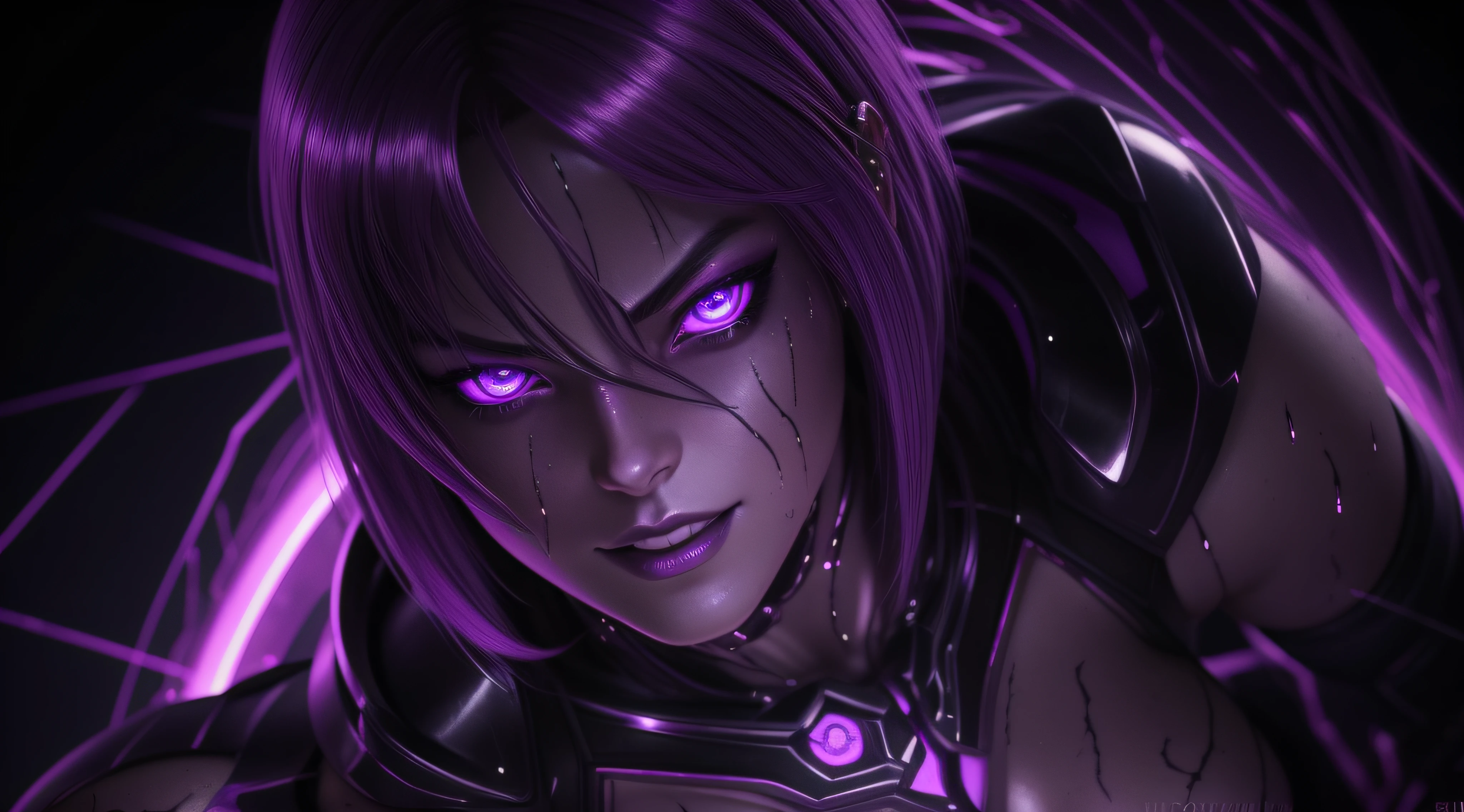 sexy motoko, Glow, seductive, glowing purple eyes , sexy , (ultra photorealistic:1.3), (masterpiece:1.4), best quality, ((realistic)), high quality, ultra detailed, ((real image)), ((realistic skin)), ((realistic face)),(illustration:1.05), (beautiful:1.05), (beautiful detailed eyes:1.05), (cinematic light:1.1), Extremely realistic , evil , wet ,corrupted , glowing veins ,parasites , dark energy , swarm, hive , grin , sadistic, portrait , purple glow ,possessed, lesbian , rape , kiss , tentacles