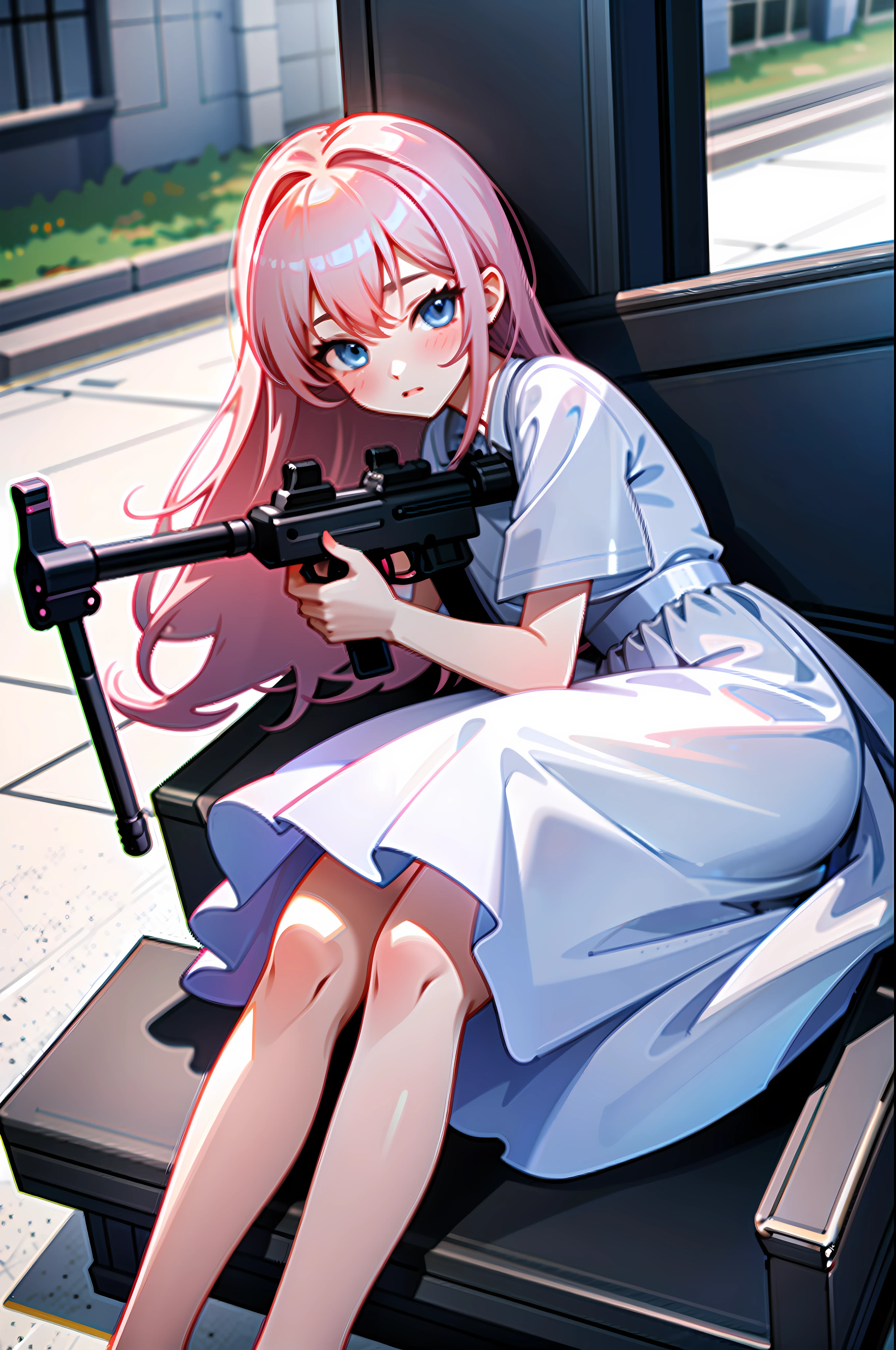 (Masterpiece:1.2), Best quality, A high resolution, Original, (Extremely detailed:1.2), Ultra-detailed, the wallpaper, Perfect lighting,(Extremely detailed CG:1.2), 8K,illustration,1girll, Solo, [White:Pink:17] Hair, Detailed blue eyes, ({Delicate|Short-sleeved}dress:1.19), {{Large skirt}}, ({Detailed|Delicate}Uzi machine gun:1.2), holding gun, Aim for, (aiming at viewer), Sit on a stone bench, Panchira, park, day