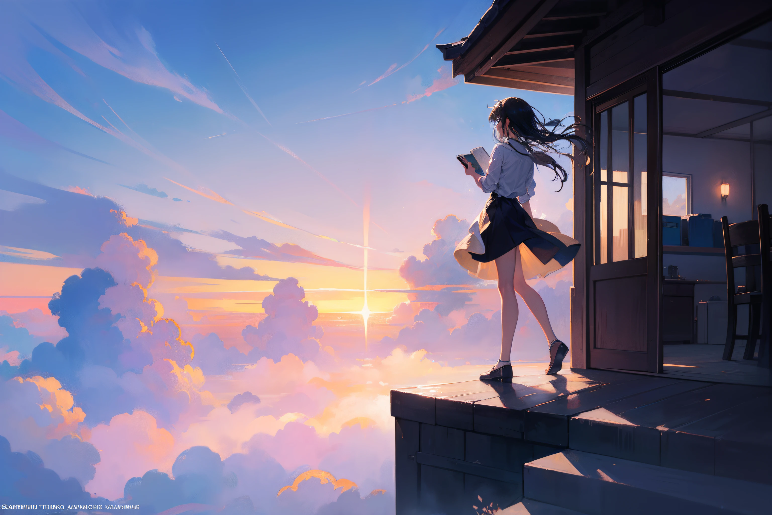 Create an exquisite illustration reminiscent of Makoto Shinkai's style, characterized by its superfine detail and top-tier quality. Your task is to skillfully capture the entrancing essence of a nostalgic scene where the horizon seamlessly melds with a vast expanse of clouds during sunset. Infuse the artwork with a warm and enchanting atmosphere, painting the sky in hues of golden radiance that illuminate the entire scene. Your goal is to evoke the feeling that the world is cocooned in an eternal brilliance, transcending the boundaries of time. Transport your viewers to a realm where reality harmonizes with fantasy, as if they are gazing upon a landscape born from dreams that stirs the deepest emotions. This artwork should bring serene beauty to life, depicting an evening suspended over an endless sea of clouds.