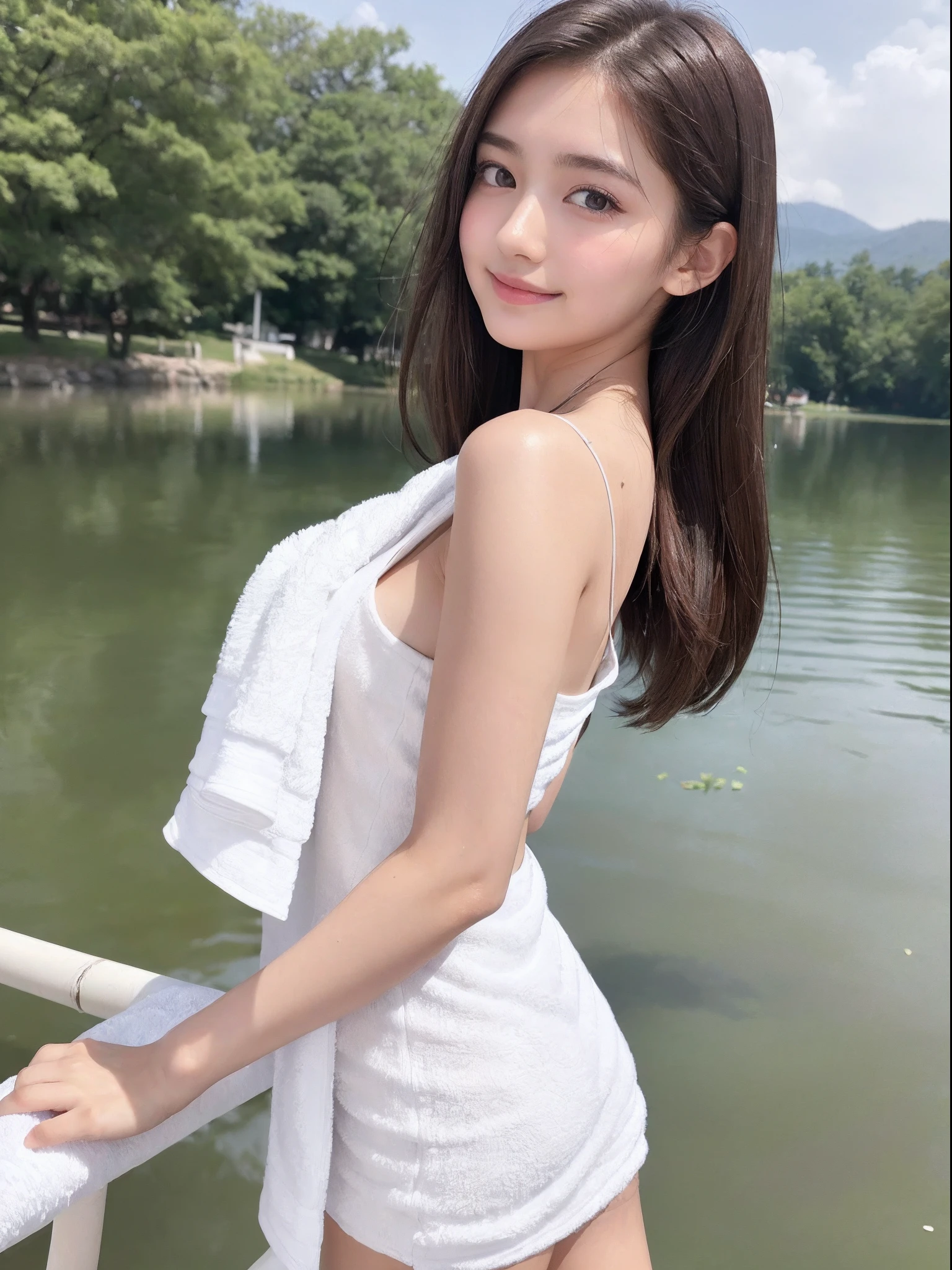 (​masterpiece), (top-quality), (white Tube top extremely small dress:1.5), (perfect exposed shoulders:1.5), (perfect exposed nape:1.5), (towel fabric:1.5), (blushed face:1.3), (barechested:1.3), (realistic:1.5), 1 little girl, precise small hands, Embarrassed look, Smile, extremely cute girl, baby face, Clear eyes, Shining eyes, shoulder is visible, small breast, thigh is visible, No pubic hair, The beautiful skin, ultra-definition, Top resolution, japan high school student, brown hair, in the lake