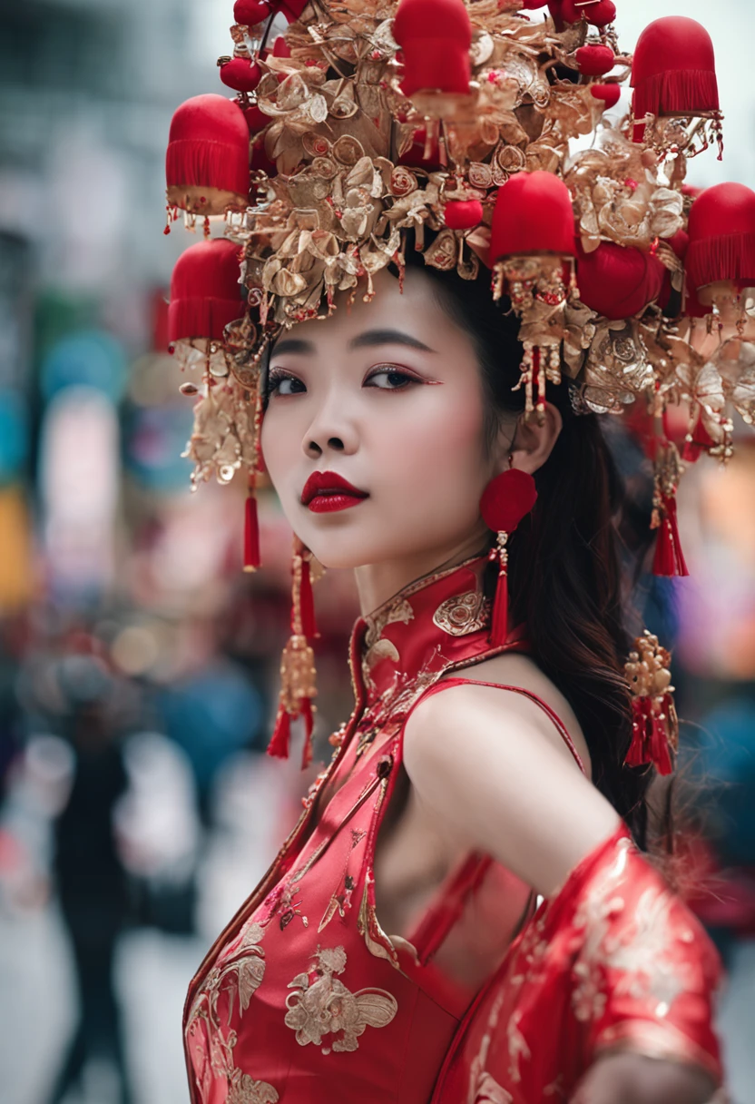 Chinese faces,Single photo,Full body photo,Sexy woman,Red lipstick
