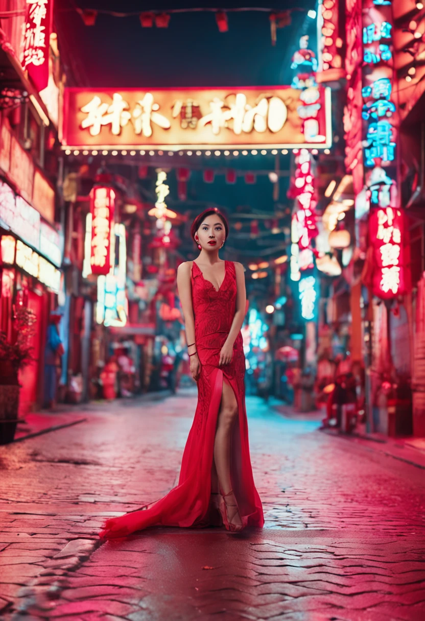 Chinese faces，Single photo，Full body photo，Sexy woman，Red lipstick