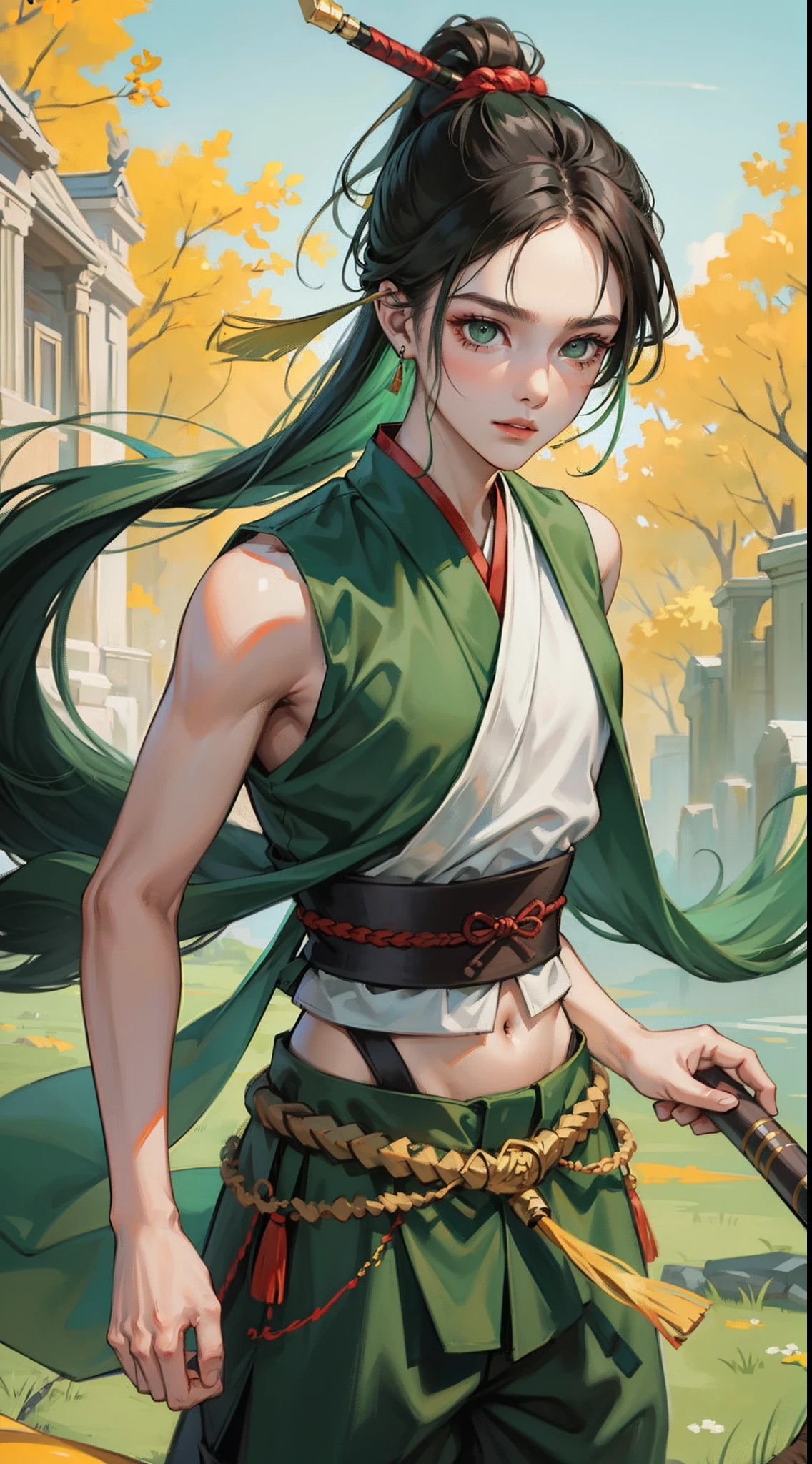 young boy, long dark green hair, high ponytail, Green eyes, Battle with Hanfu, Sleeveless, open belly, pants, Masterpiece, hiquality
