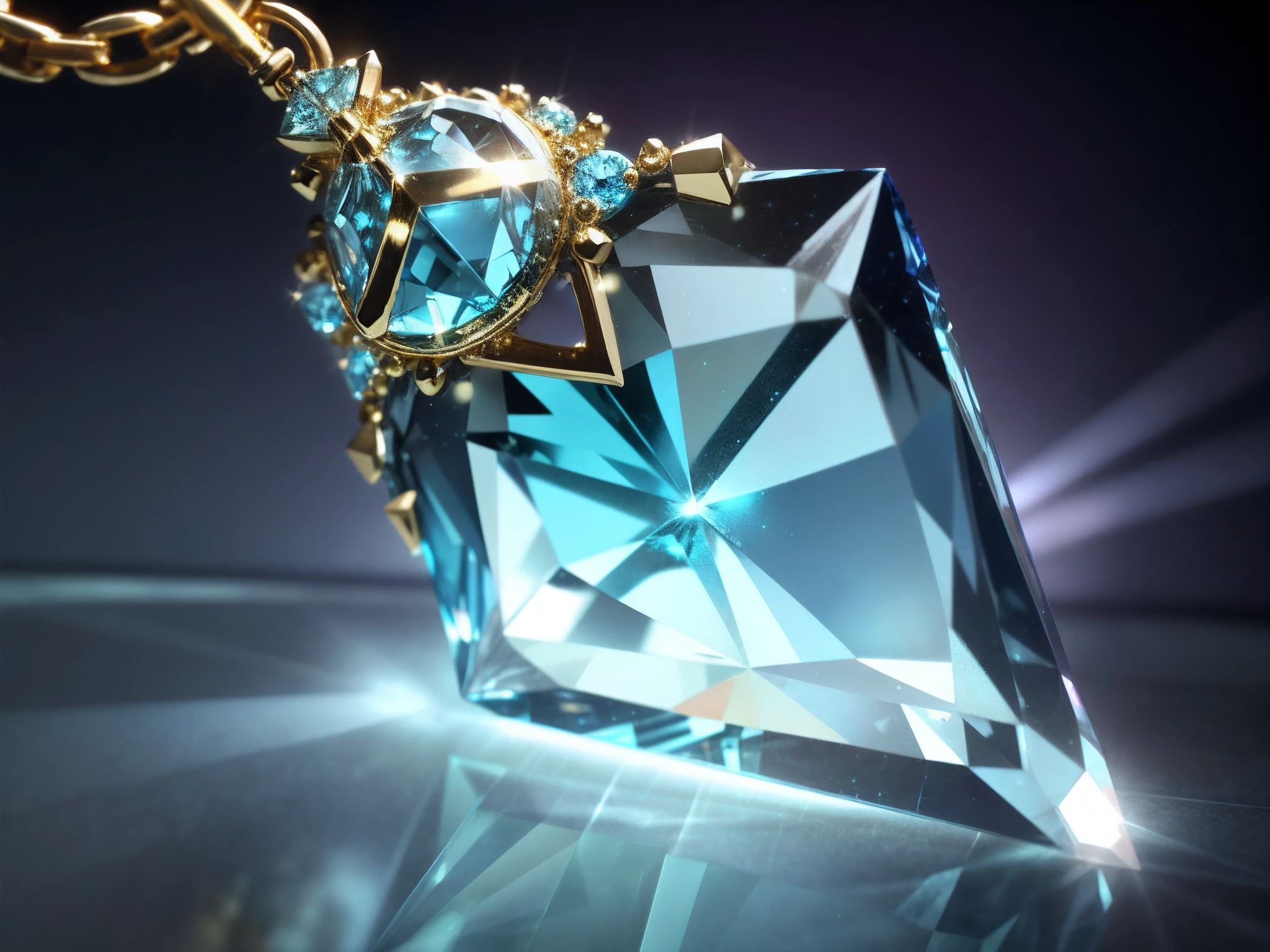 Close up of blue crystal necklace with gold chain, rendered in keyshot, refractive crystal jewelry, large blue diamonds, topaz and other jewellaries, dazzling gem in the hilt, jewelry photography, blue diamonds, blue diamond, crystal material, crystals and diamonds, diamond prisms, Fractal details Diamond elements, refractive crystal, transparent crystal, crystal encrusted