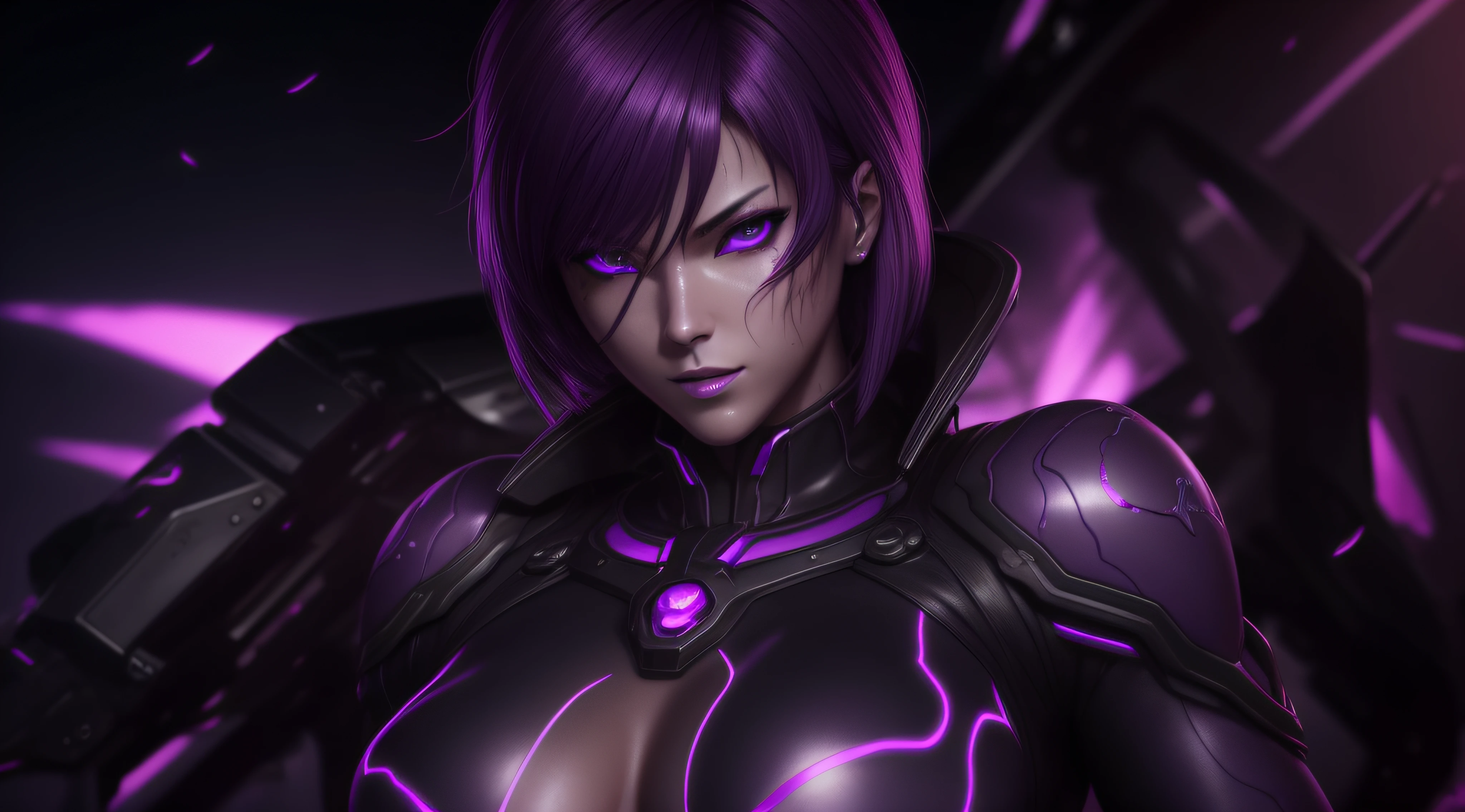 sexy motoko, Glow, seductive, glowing purple eyes , sexy , (ultra photorealistic:1.3), (masterpiece:1.4), best quality, ((realistic)), high quality, ultra detailed, ((real image)), ((realistic skin)), ((realistic face)),(illustration:1.05), (beautiful:1.05), (beautiful detailed eyes:1.05), (cinematic light:1.1), Extremely realistic , evil , wet ,corrupted , black veins ,parasites , dark energy , swarm, hive , grin , sadistic, portrait , purple glow ,possessed,