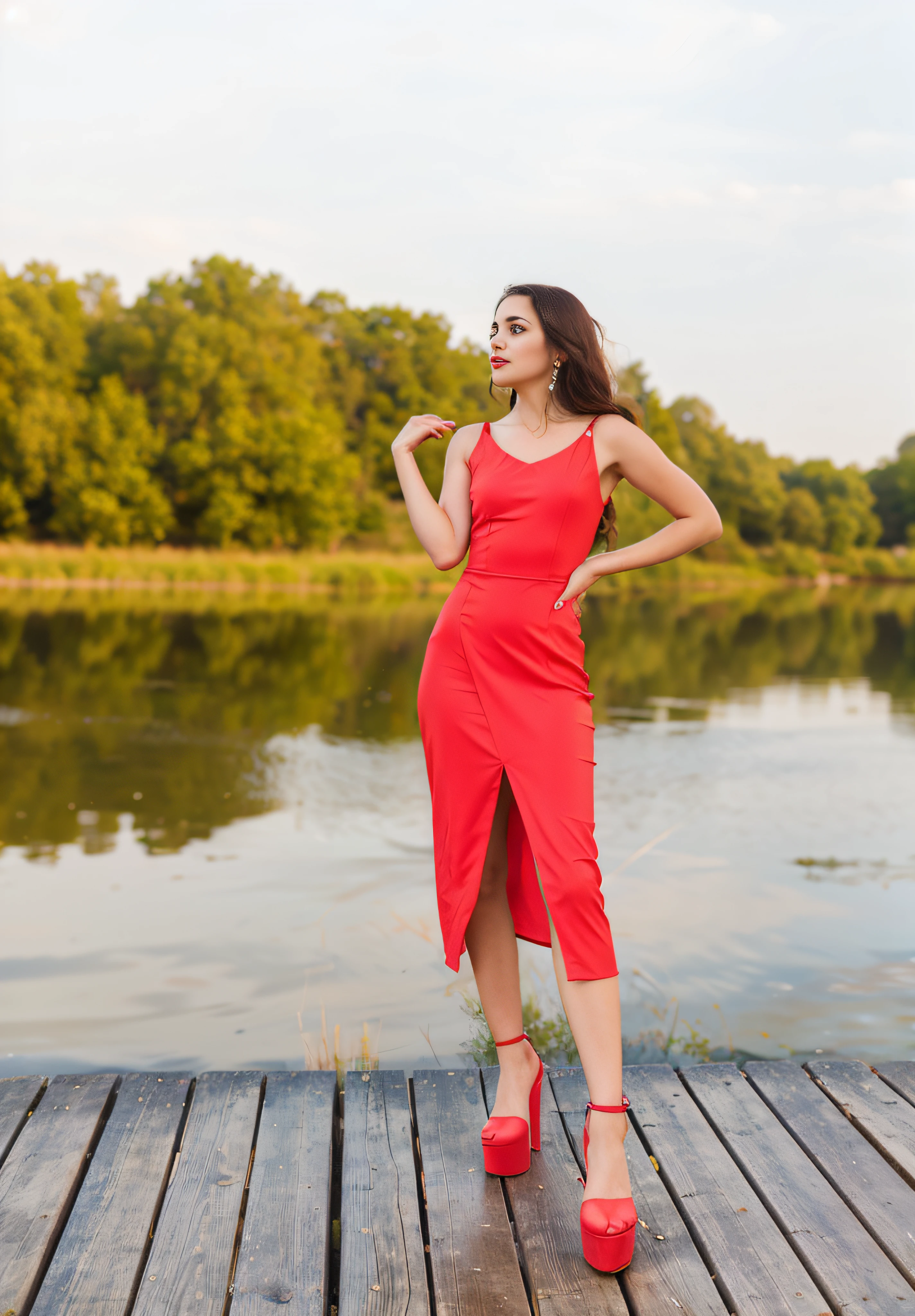 A woman in a red dress stands on the pier by the lake, wearing red dress, girl wears a red dress,  Red dress, at the waterside, summer evening, high - end fashion photoshoot, Nature, woods, pond