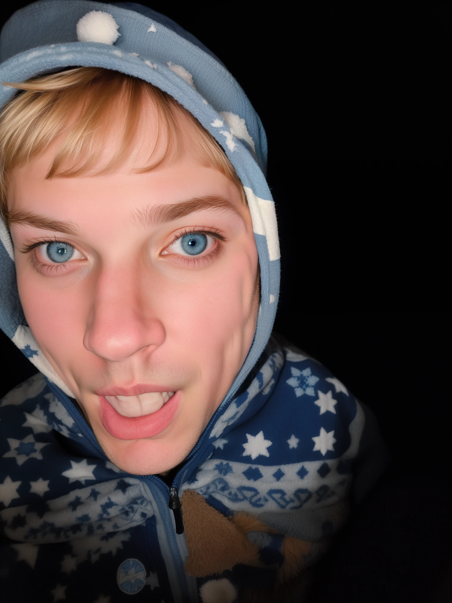 A young man in a blue hat and a blue jacket walks, It looks very stupid, Perfectly lit face, Straight nose!!!, with blue eyes!!!!, Eric Cartman in real life, One nose, Wide Nose!!!, profile picture 1024px, very accurate photo, cute silly face, Stupid Face, bags under eyes, insane face, Clear blue eyes