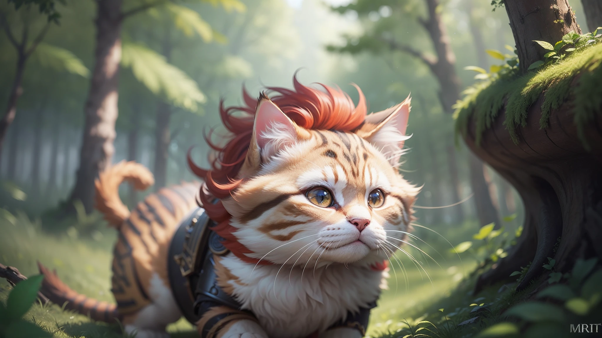 Super cute fluffy cat warrior in armor, realistic, 4K, super detailed, vray rendering, unreal engine, midjourneyart style, red hair, chubby, dynamic pose, forest background, chubby, short