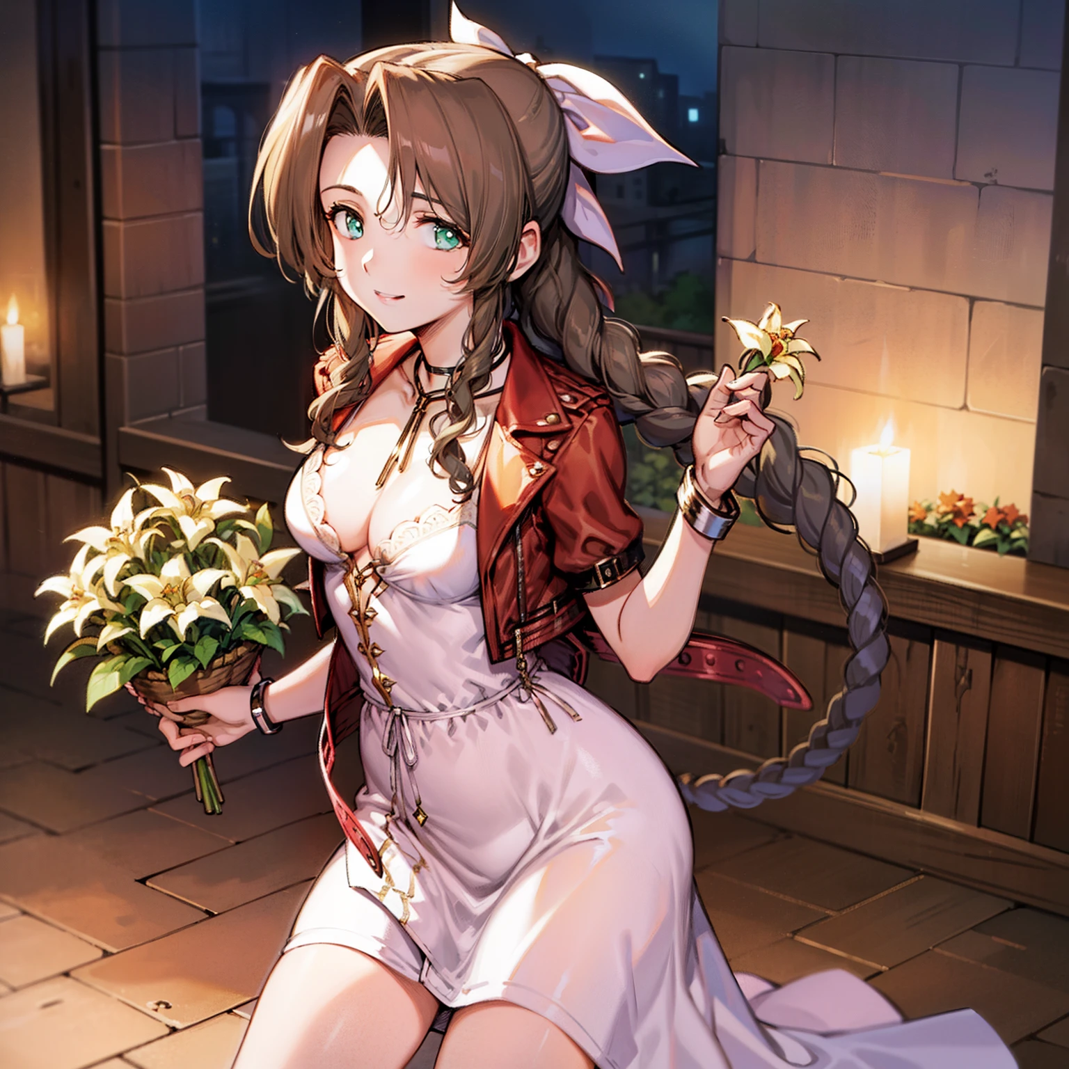 masterpiece, best quality, aerith gainsborough, choker, cropped jacket, hair bow, bracelet, cleavage, black bra, cowboy shot, looking at viewer, night, city streets, slums, smile, holding a yellow flower, basket of flowers, urushisato