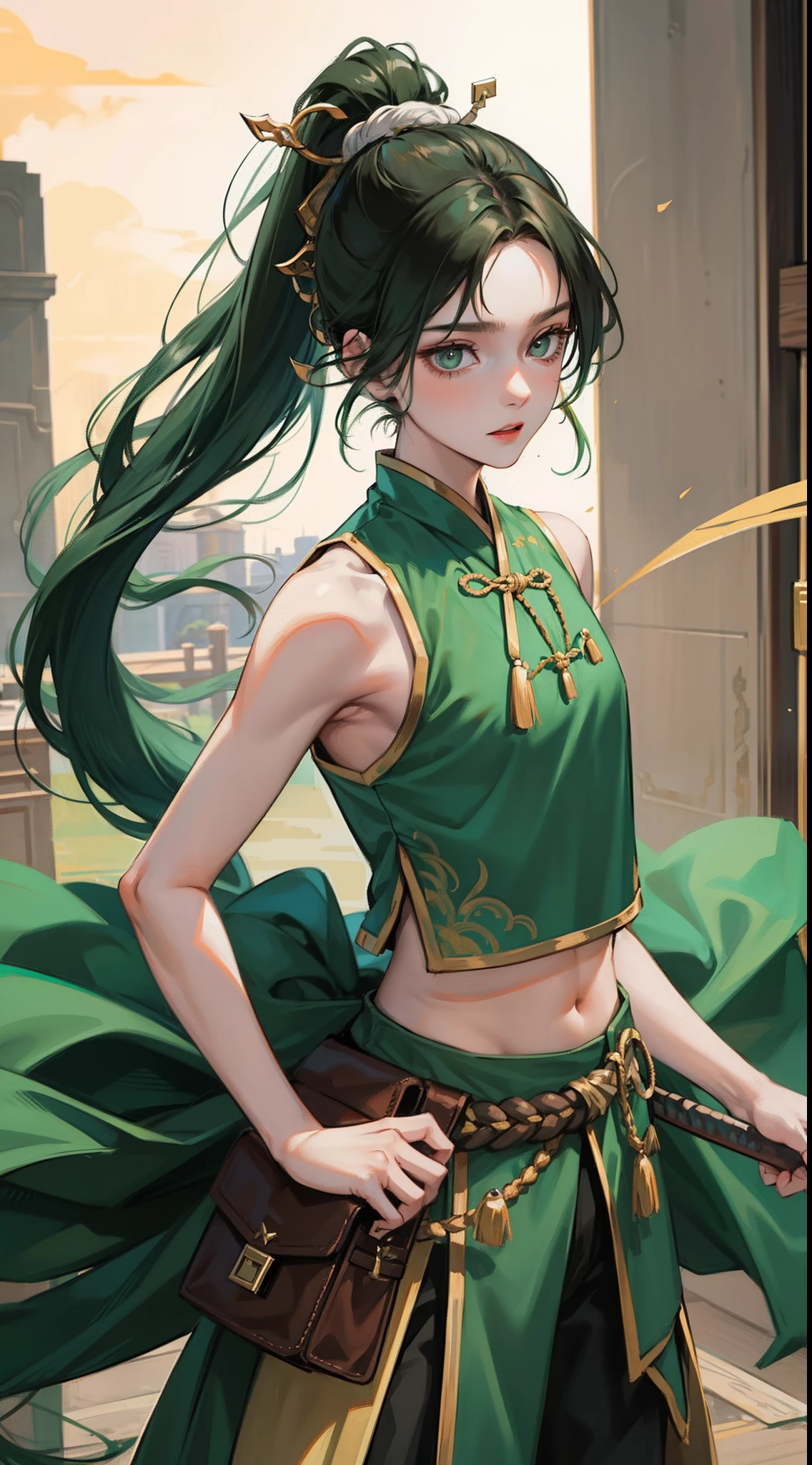 young boy, long dark green hair, high ponytail, Green eyes, Battle with Hanfu, Sleeveless, open belly, pants, Masterpiece, hiquality