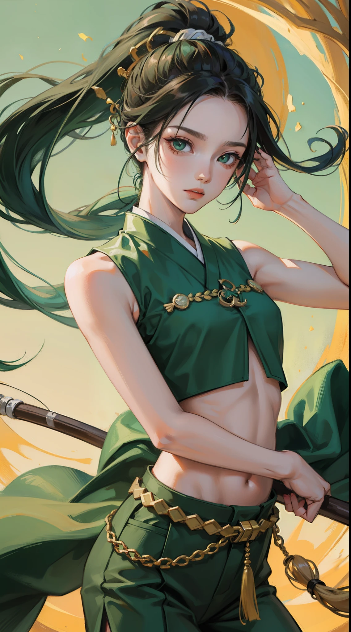 young boy, long dark green hair, high ponytail, Green eyes, Battle with Hanfu, Sleeveless, open belly, pants, Masterpiece, hiquality