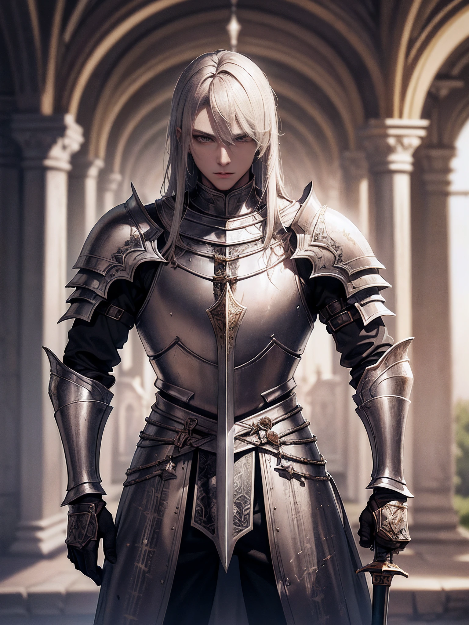 (A young male knight wearing broken silver armor), Handsome, ((He raised a sword stained with water)), A huge castle gate behind him, Light from the sky, Many swords are pointed at the knight, Silver hair, Black hair, Gradient hair, Chiaroscuro, Cinematic lighting, god light, Ray tracing, reflective light, ((Close-up)), Masterpiece, Best quality, High quality, High details, supreme, Accurate, Anatomically correct, Textured skin, hyper HD, 1080p