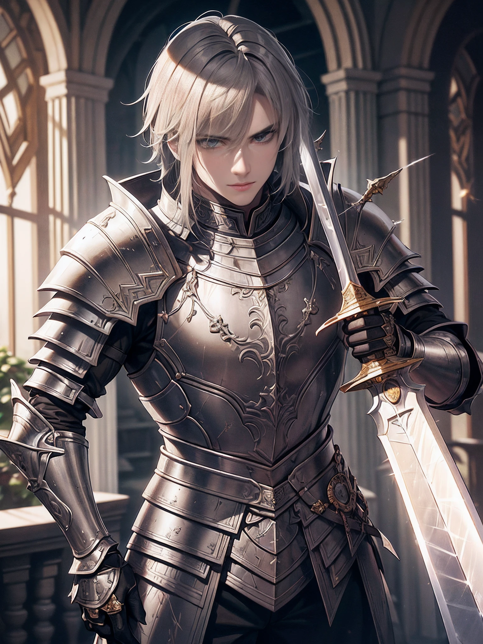 (A young male knight wearing broken silver armor), Handsome, ((He raised a sword stained with water)), A huge castle gate behind him, Light from the sky, Many swords are pointed at the knight, Silver hair, Black hair, Gradient hair, Chiaroscuro, Cinematic lighting, god light, Ray tracing, reflective light, ((Close-up)), Masterpiece, Best quality, High quality, High details, supreme, Accurate, Anatomically correct, Textured skin, hyper HD, 1080p