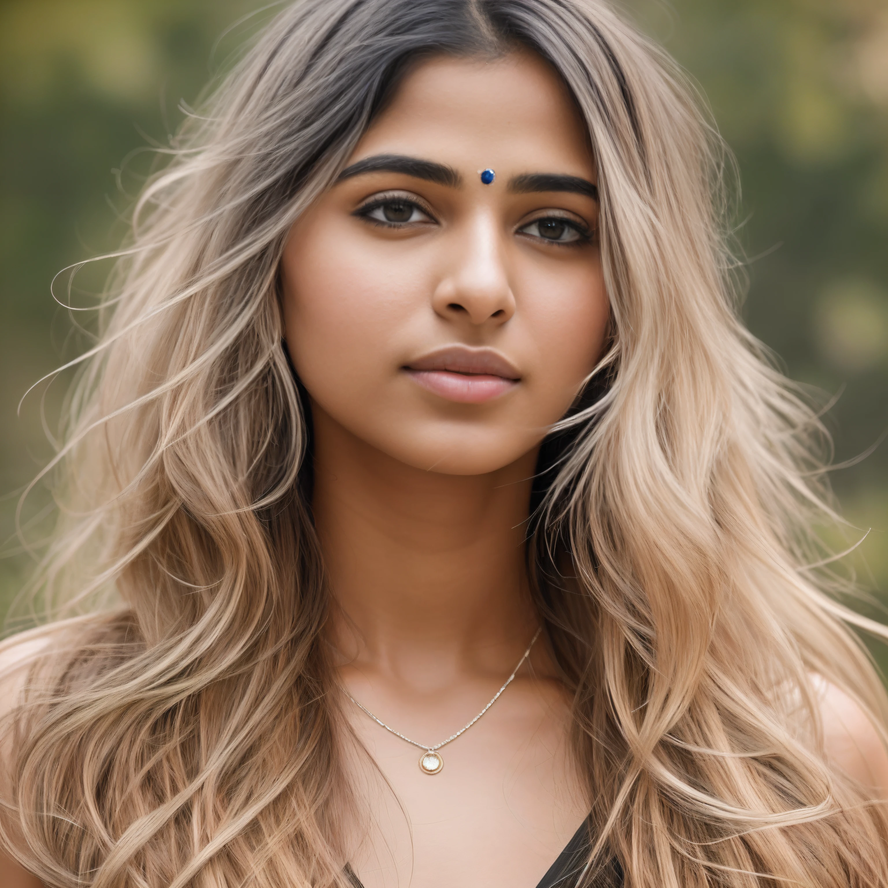 RAW, (A stunning portrait) of (a 28-year-old indian woman), beautiful with striking features. long blonde hair, captivating look and seductive expression. The background should be neutral and simple, masterpiece that captures the essence and beauty of the woman, ((highly detailed skin)), sharp focus, volumetric mist, 8k UHD, DSLR, high quality, film grain, Fujifilm XT3.