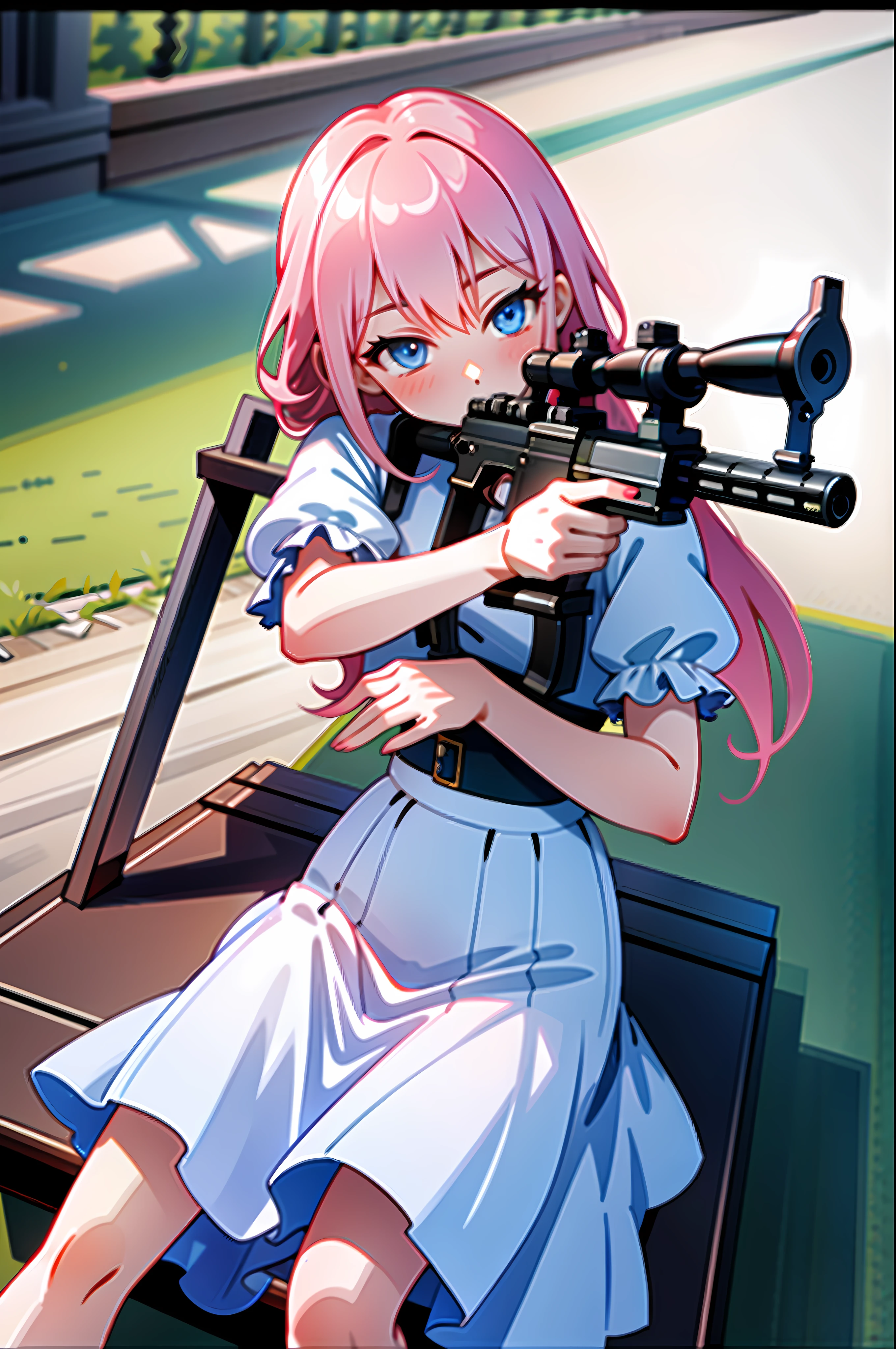 (Masterpiece:1.2), Best quality, A high resolution, Original, (Extremely detailed:1.2), Ultra-detailed, the wallpaper, Perfect lighting,(Extremely detailed CG:1.2), 8K,illustration,1girll, Solo, [White:Pink:17] Hair, Detailed blue eyes, ({Delicate|Short-sleeved}dress:1.19), {{Large skirt}}, ({Detailed|Delicate}Uzi machine gun:1.2), holding gun, Aim for, (aiming at viewer), Sit on a stone bench, Panchira, park, day