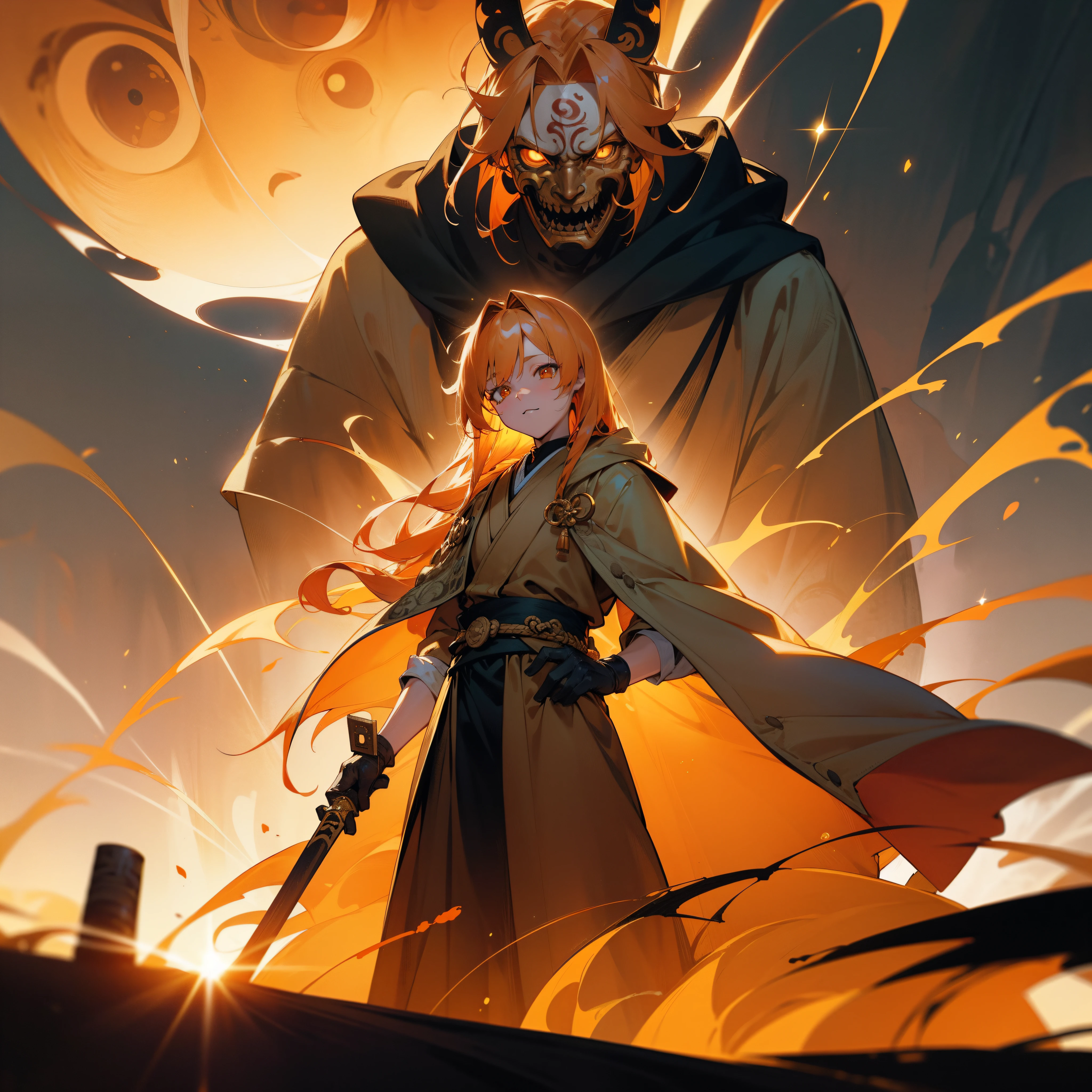 orange color hair,with long coiled hair,Golden pupils,adolable,Tattered cloak,Japanese oni mask,There is a golden dagger on the left waist,White gloves,sense of science and technology,4K,Dingdall effect,In the setting sun,Light effect enhancement,The background is the starry sky and the earth,Poster style