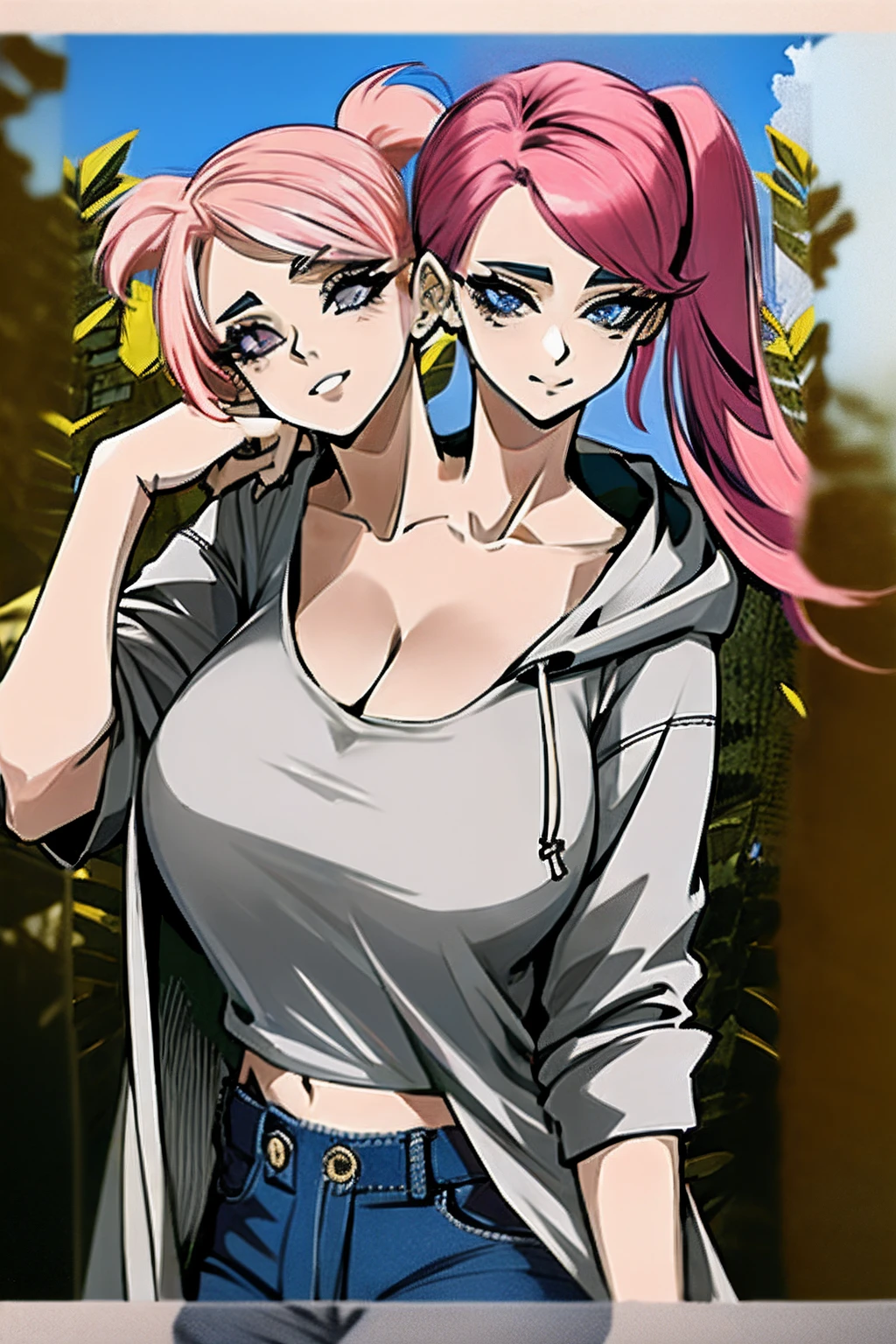 (masterpiece),best quality:1.5, ultra-detailed, high resolution, high quality, 16K, ((2heads:1.5)), ((brown hair)), ((pink hair)), blue eyes, (two headed girl), (different hair colors), long hair, black shirt, blue jean pants, (1girl), conjoined twins, midriff-revealing shirt, sexy silhouette