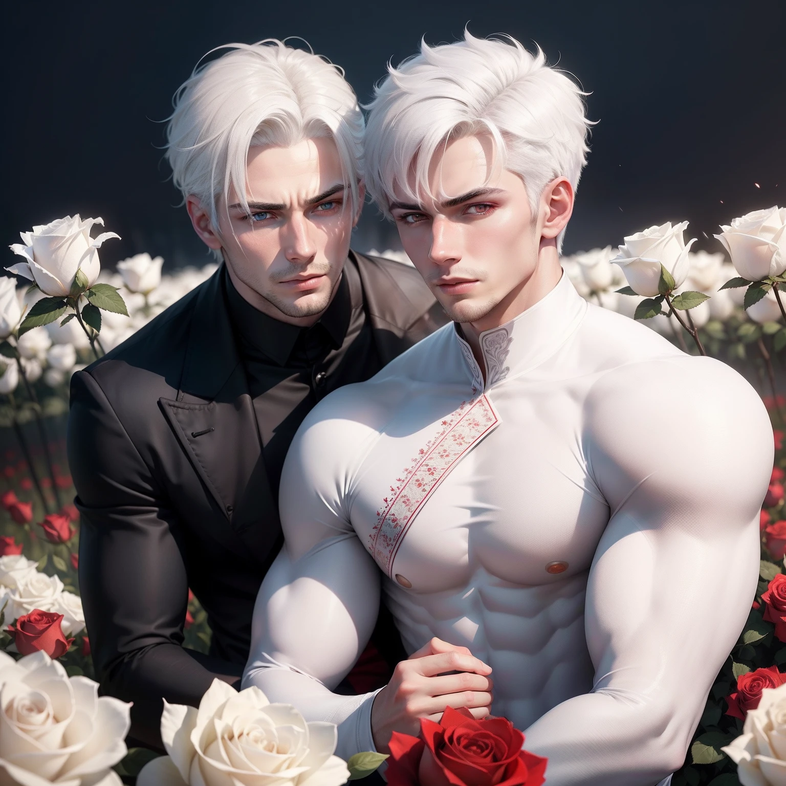 Handsome and cold looks,White skin,with short white hair, Red eyes,Three-dimensional facial features,in a white shirt,Abstinence,Behind you is a field of red roses at night,Romantic and dangerous,frontage,The upper part of the body