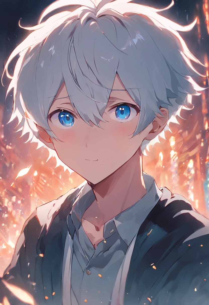 anime boy, white hair, cute boy, (best-quality:0.8), gray blue eyes, smiles at the camera