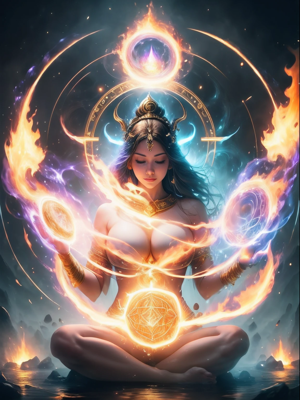 Immortal goddess, super beautiful, 8k, super big breasts, meditating, light white cloth covering part of her body, sitting cross-legged, golden glowing magic circle rotating behind her, magical aura surrounding her parts, magical, fantasy, milky way background, (4  elements, fire, water, wind, earth, surround it),