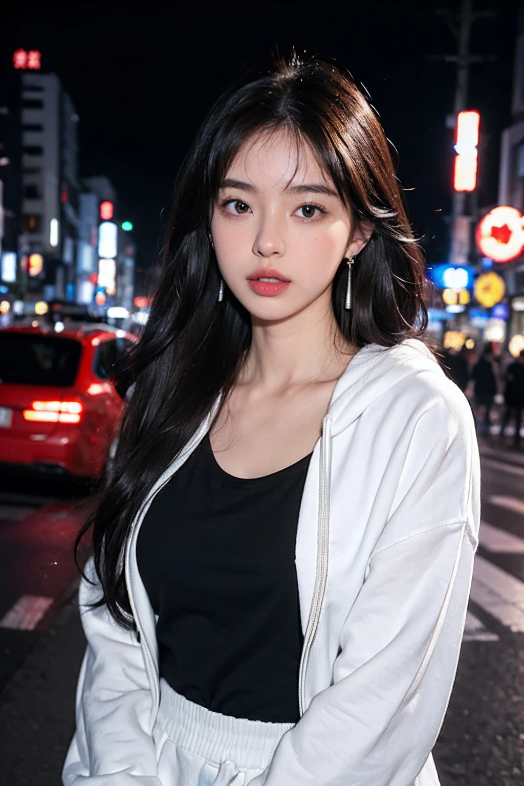 1girl, Tokyo street,night, cityscape,city lights,upper body,close-up, 8k, RAW photo, best quality, masterpiece,realistic, photo-realistic, white hoodie, 173cm, long hair that reaches waist,black octagon earings, black bracelet