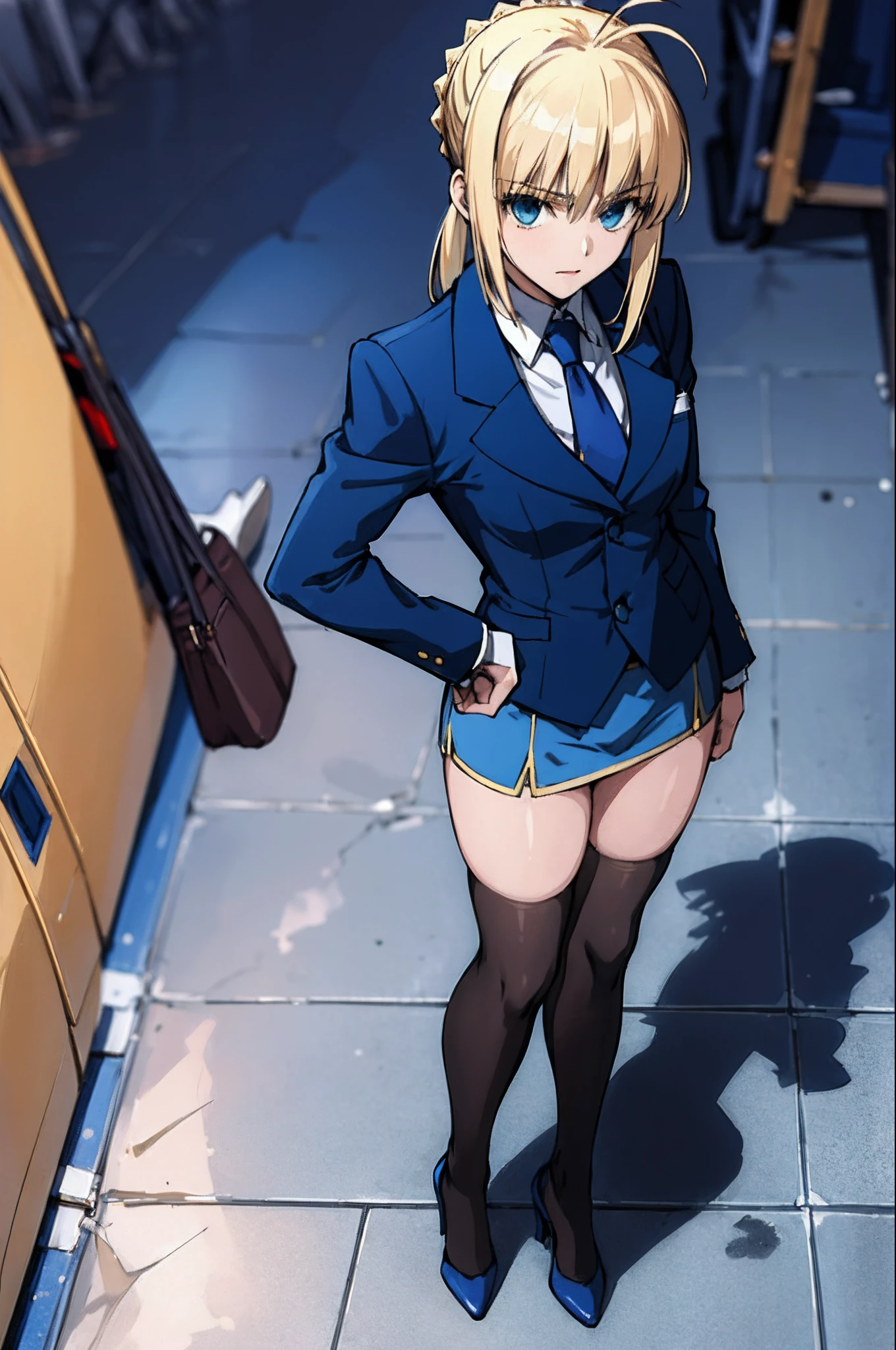 (masterpiece:1.4), (best quality:1.4), realistic, 1girl, artoria pendragon \(fate\), blue skirt suit, blue blazer, blue pencil skirt, high heels, full body