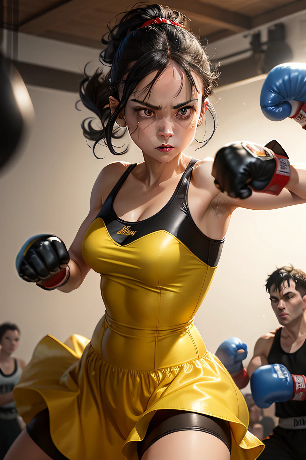 dressed as cinderella, yellow dress, white background, dark brown hair, forehead-looking, surly, sharp-eyed, (cool look), boxing, both red gloves, visible, middle-aged woman, (((narrow eyes)), fighting stance, sparring, boxing, ((black haired cinderella boxer))