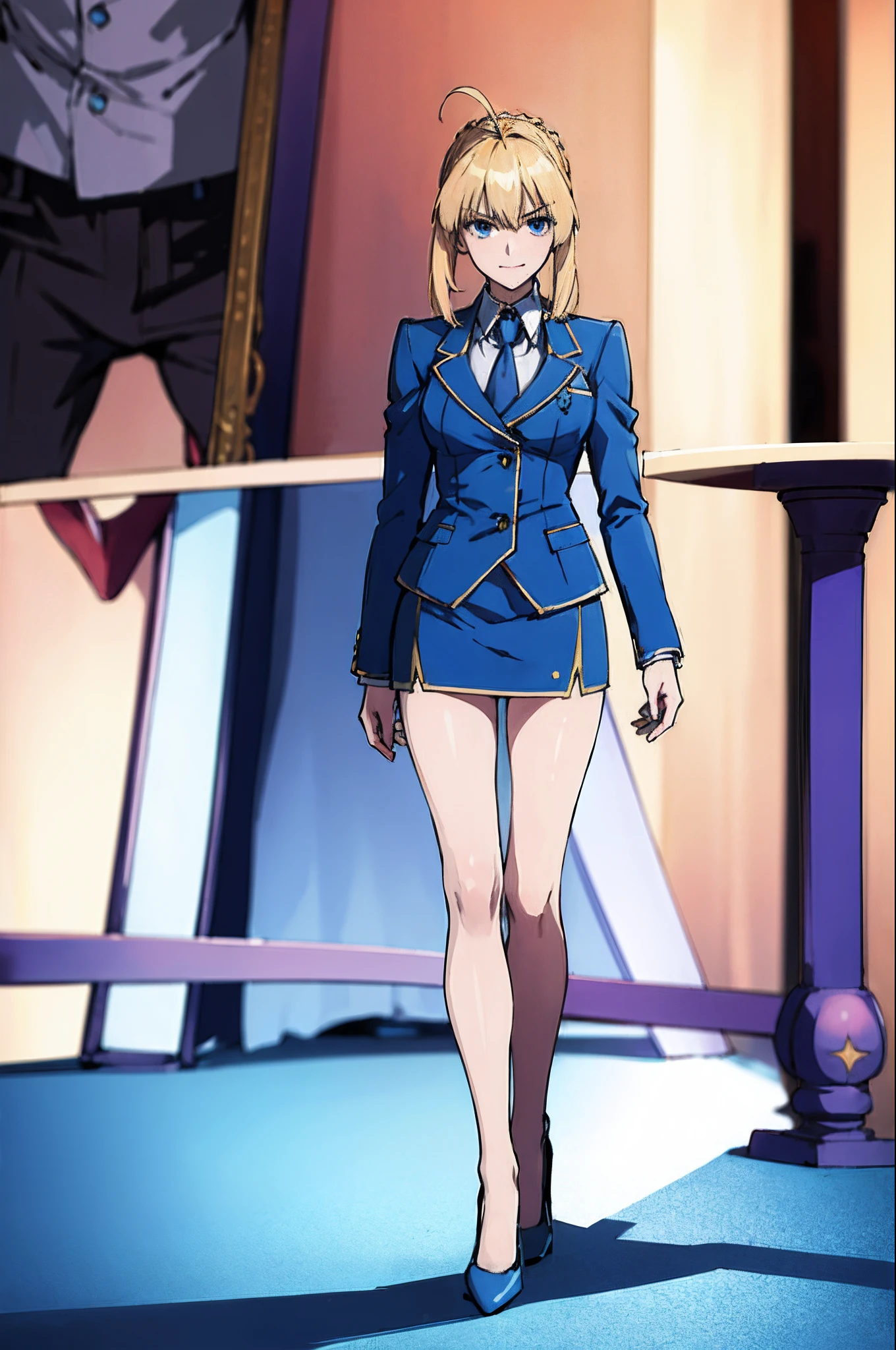 (masterpiece:1.4), (best quality:1.4), realistic, 1girl, artoria pendragon \(fate\), blue skirt suit, blue blazer, blue pencil skirt, high heels, full body