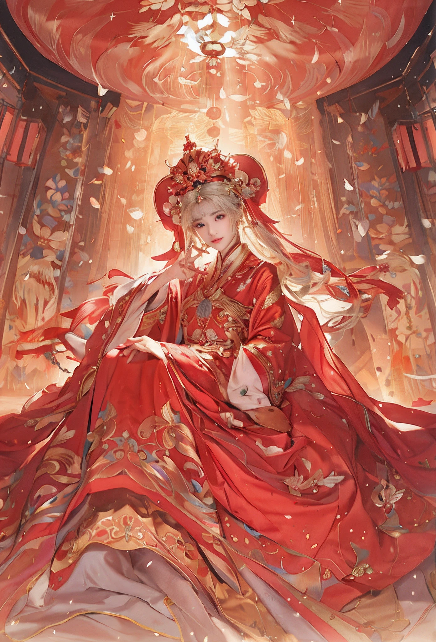 realisticlying,8K,Best quality at best,delicate patterns,intricately details,A woman in a red and gold dress,Sit right in the center,Palace,A girl in Hanfu,a beautiful fantasy empress,((a beautiful fantasy empress)),Perfect facial features,Exquisite facial features,delicated face,perfect hand,Perfect Finger,cabelos preto e longos,Black eyes,cosmetics,Blushlush,is shy,Phoenix crown,farsightedness,A princess,Artistically