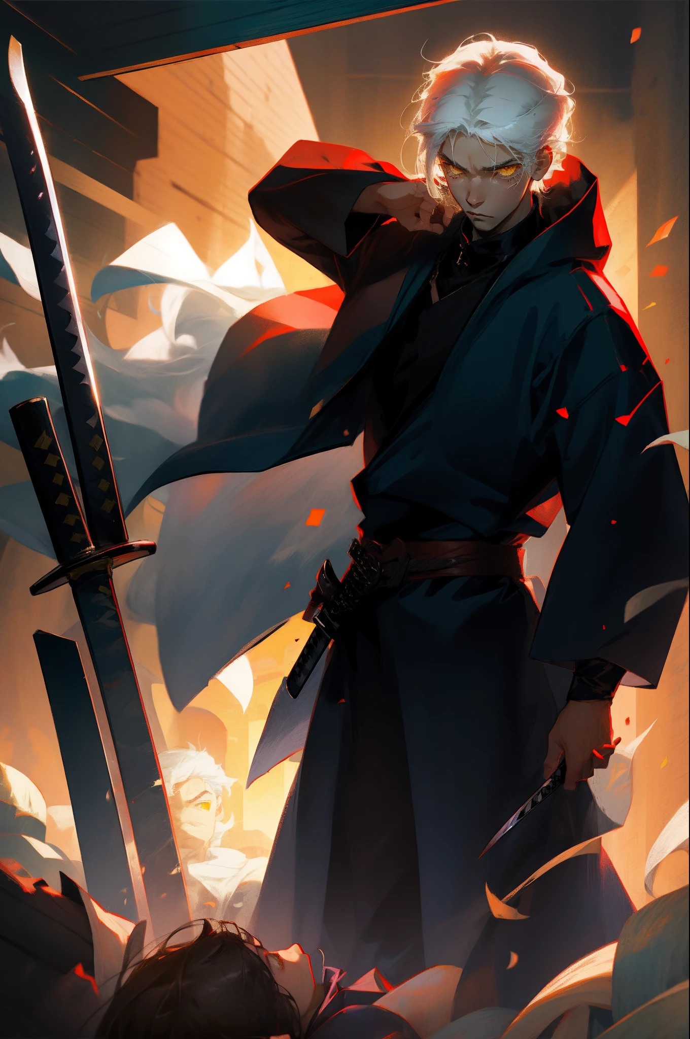 Anime,
boy black clothes black coat 1 black katana Black hair, fight, boy white hair ,yellow eyes ,covered in bandages, white clothes unarmed, dark warehouse, soft light, night