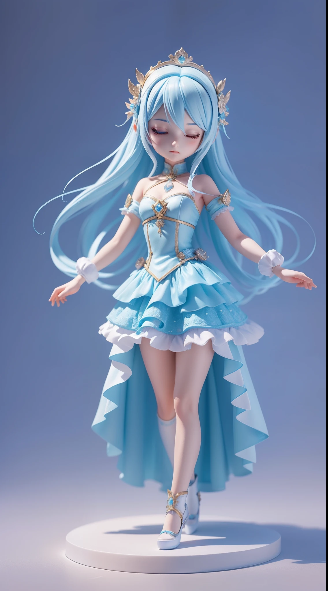 Masterpiece, best quality, lots of detail, (full body:1.2), chibi, ice girl, light blue hair, magician long dress, high cold, close eyes, 3D rendering, Q printmaking style