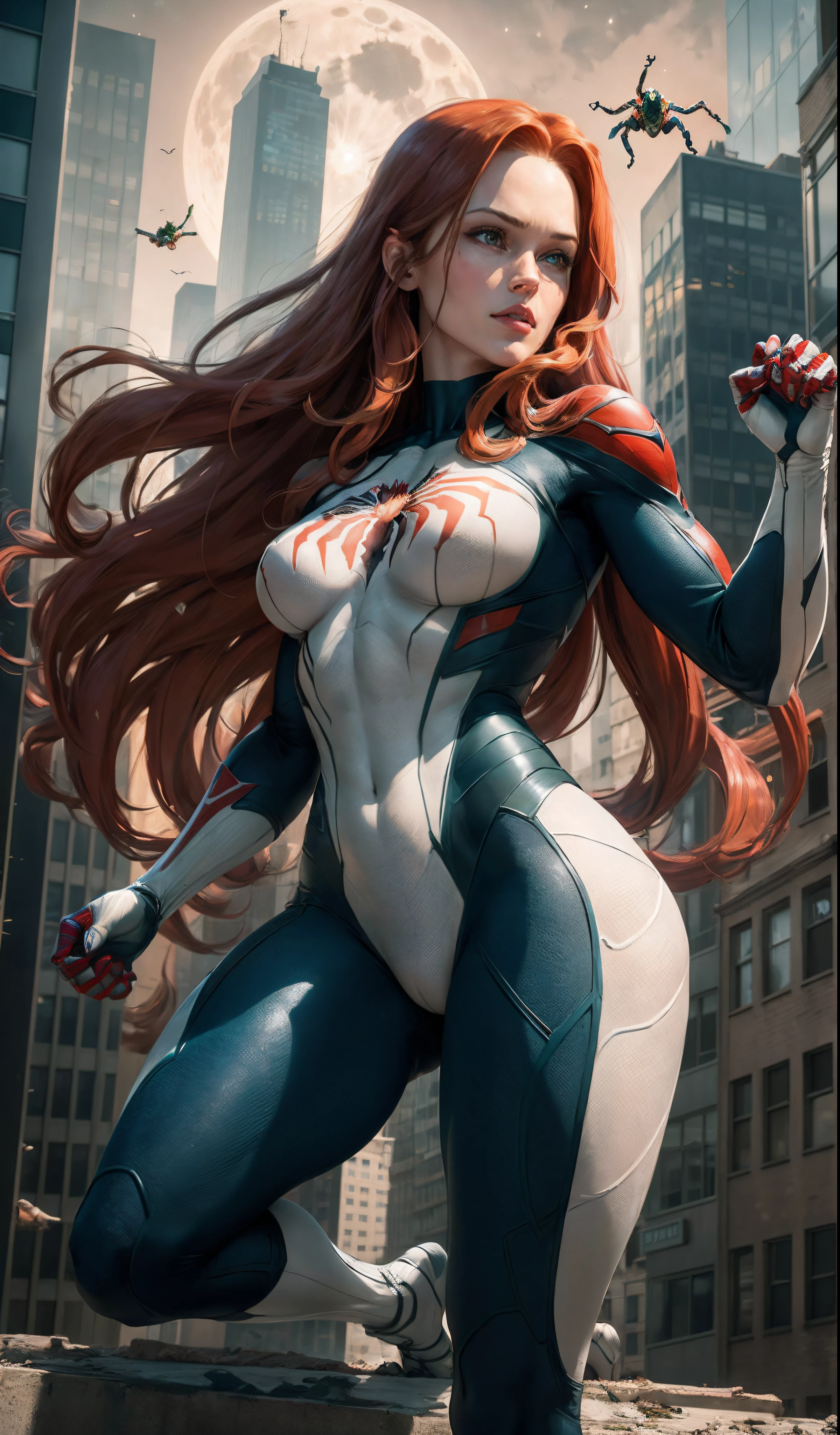 looks like Jennifer Garner from Alias TV series, (Masterpiece, 4k resolution, ultra-realistic, very detailed), (White superhero theme, charismatic, there's a girl on top of town, wearing Spider-Man costume, she's a superhero), [ ((25 years), (long red hair:1.2), full body, (green eyes:1.2), ((Spider-Man pose),show of strength, jumping from one building to another), ((sandy urban environment):0.8)| (cityscape, at night, dynamic lights), (full moon))] # Explanation: The Prompt mainly describes a 4K painting of ultra-high definition, very realistic, very detailed. It shows a superheroine at the top of the city, wearing a Spider-Man costume. The theme in the painting is a white superhero theme, the female protagonist has long red hair, is 25 years old and her entire body is shown in the painting. In terms of portraying the actions of superheroines, spiders are employed, cameltoe, camel toe