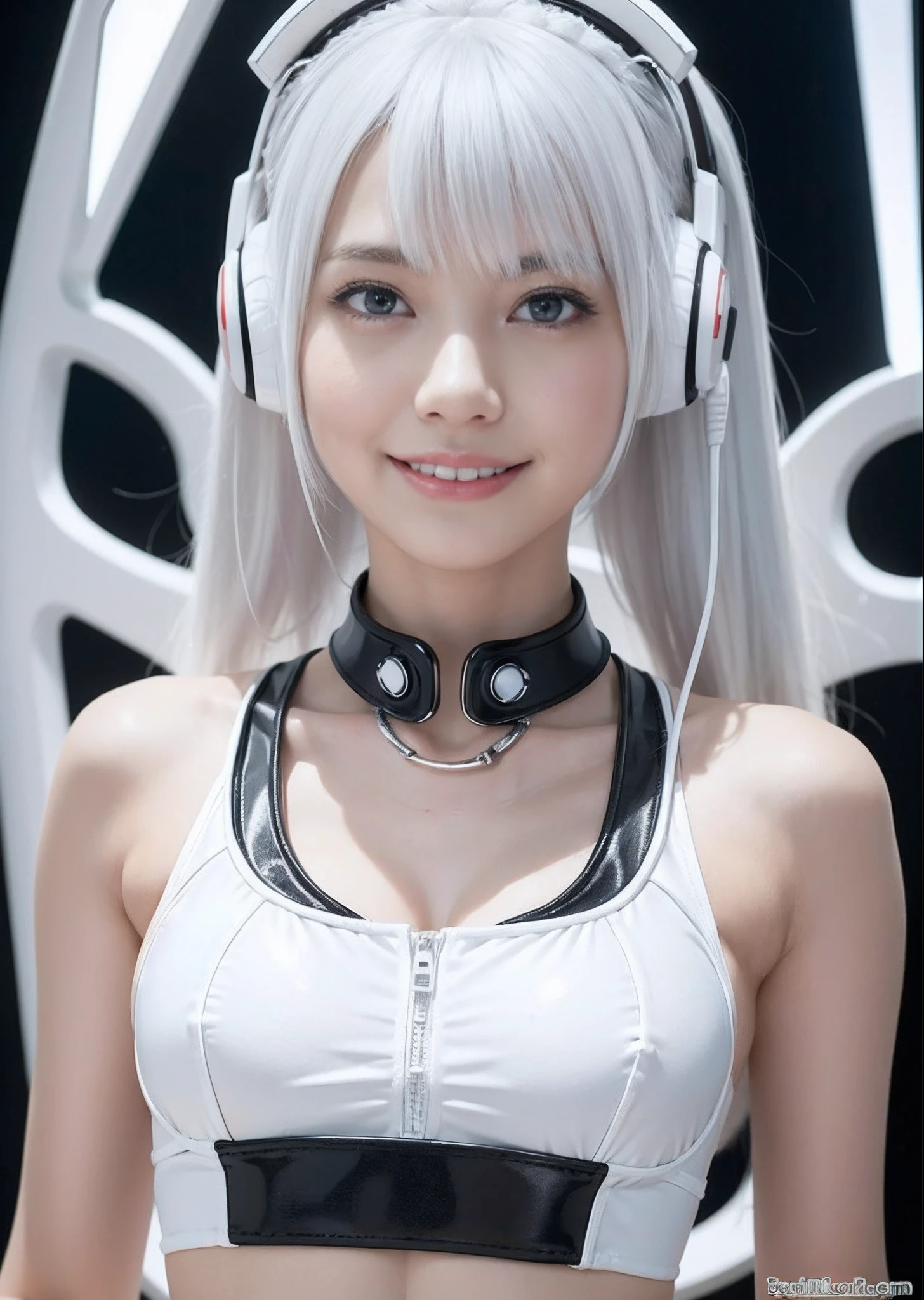 NSFW,(cammel toe),Beautie,The seductive woman raised her hand happily,Beautiful Women in Perfect Figure,Beautiful white skin,Beautiful eyes,Glossy lips,Lovely smile,White hair,Bikini futuristic lolita costume with white and black design,Headphones with functionality,Sitting inside a spaceship