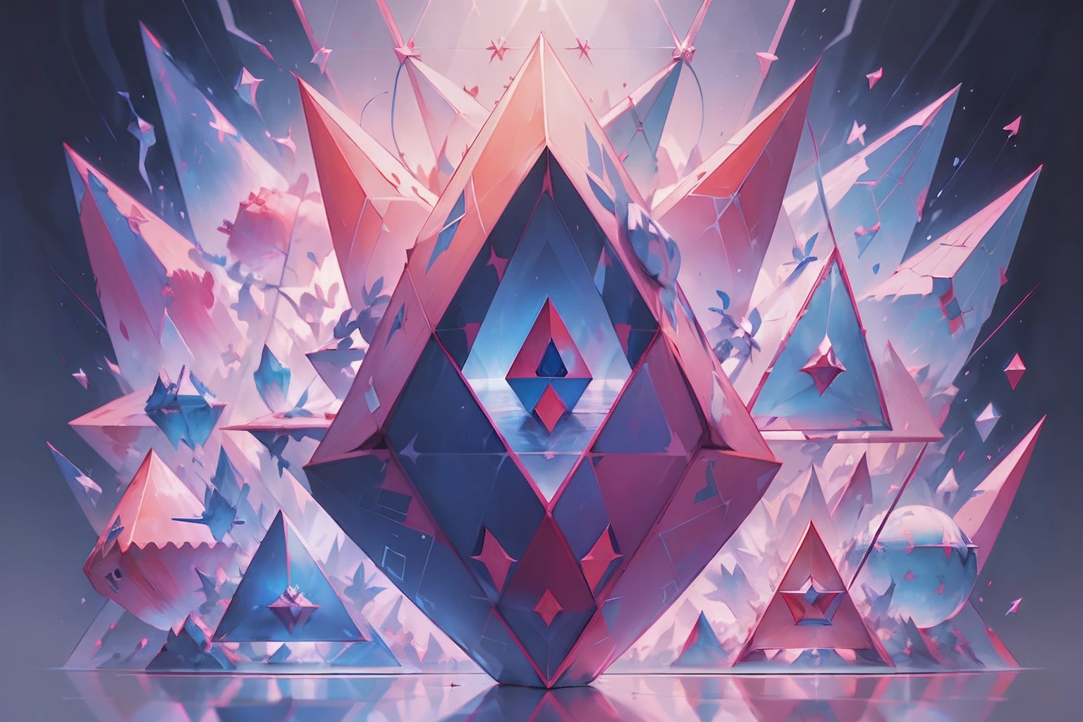 (((Geometric symmetry)))，轴对称，(((Geometric plane)))，red colour，blue colors，Colors complement each other，Diamond lotus，doors，Diamond-shaped lotus，super detailing，rich details​，真实感，Award-winning photography，triangles，high saturated。32K