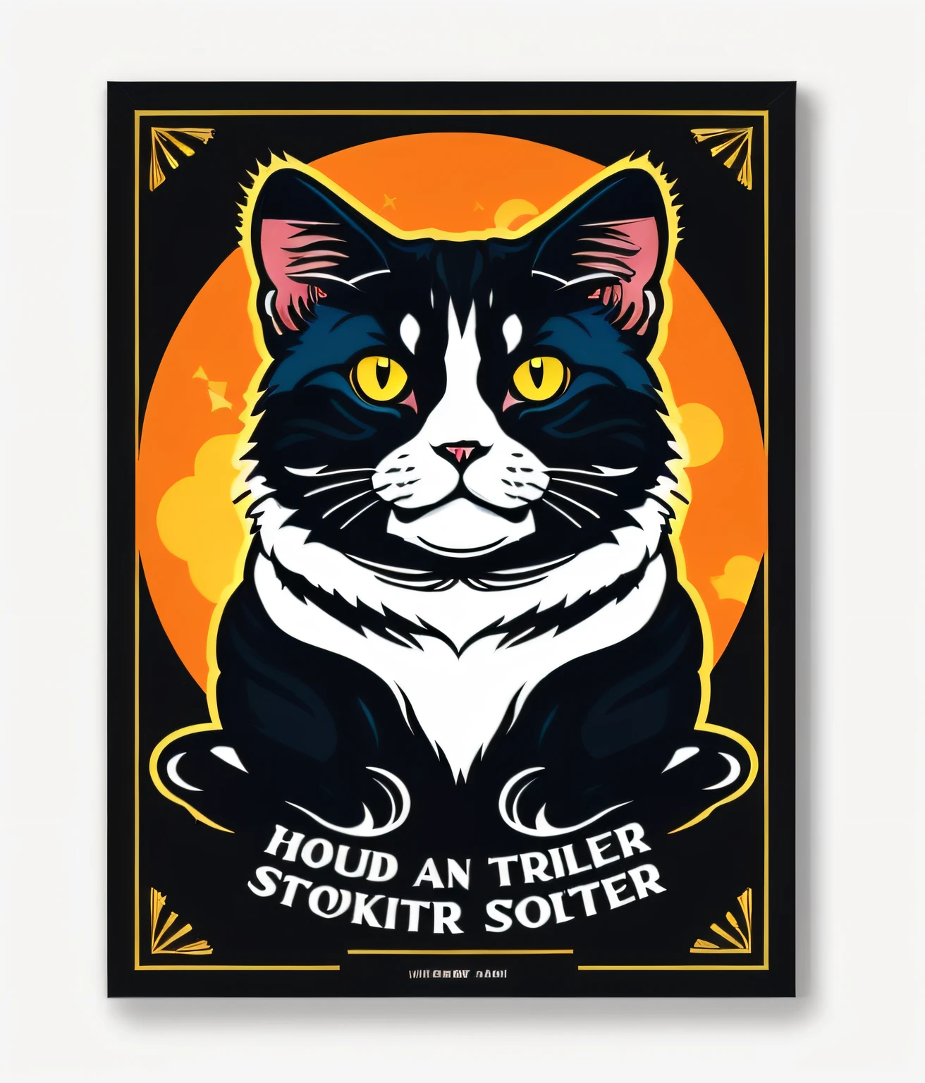 A black and white cat,The cat has a star on its chest,Yellow eyes and black background, butcher billy style, author:Julia Pishtar, trigger, tuxedo cat, Schrödinger cat, black light velvet poster, butcher billy, schrodinger's cat, art poster, illustrated poster, Spoiler, holo sticker, Poster art style, Poster illustration, cat design, author:Major Adler