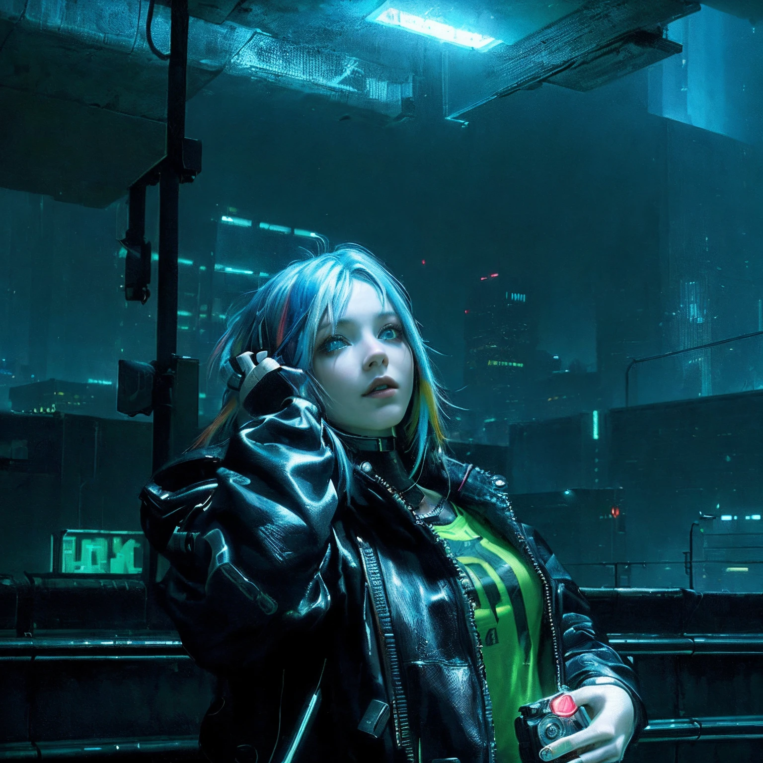(Photorealistic:1.4) The image of a cyberpunk girl, (topquality, 8K, 12), Masterpiece), (dynamicpose), ((facing camera)), (looking up at the camera), Cowboy shot, Shapeless hair, multi-colored hair, Colorful cyberpunk clothes, Depth of field F/1.8, cyberpunk city background, Cinematic lighting.