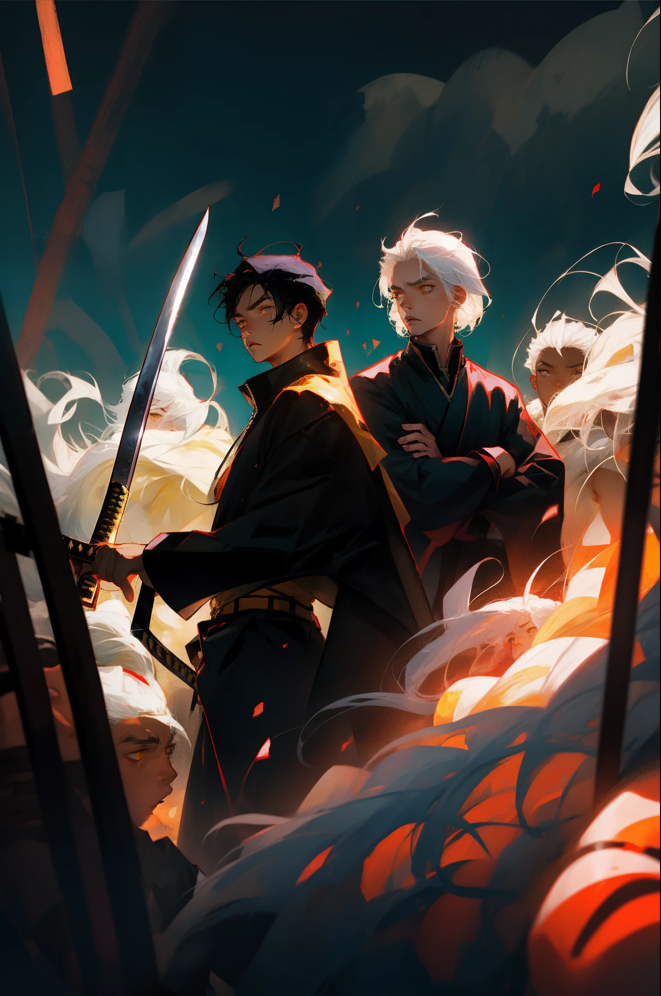 Anime,
boy black clothes black coat 1 black katana Black hair, fight, boy white hair ,yellow eyes ,covered in bandages, white clothes unarmed, dark warehouse, soft light, night