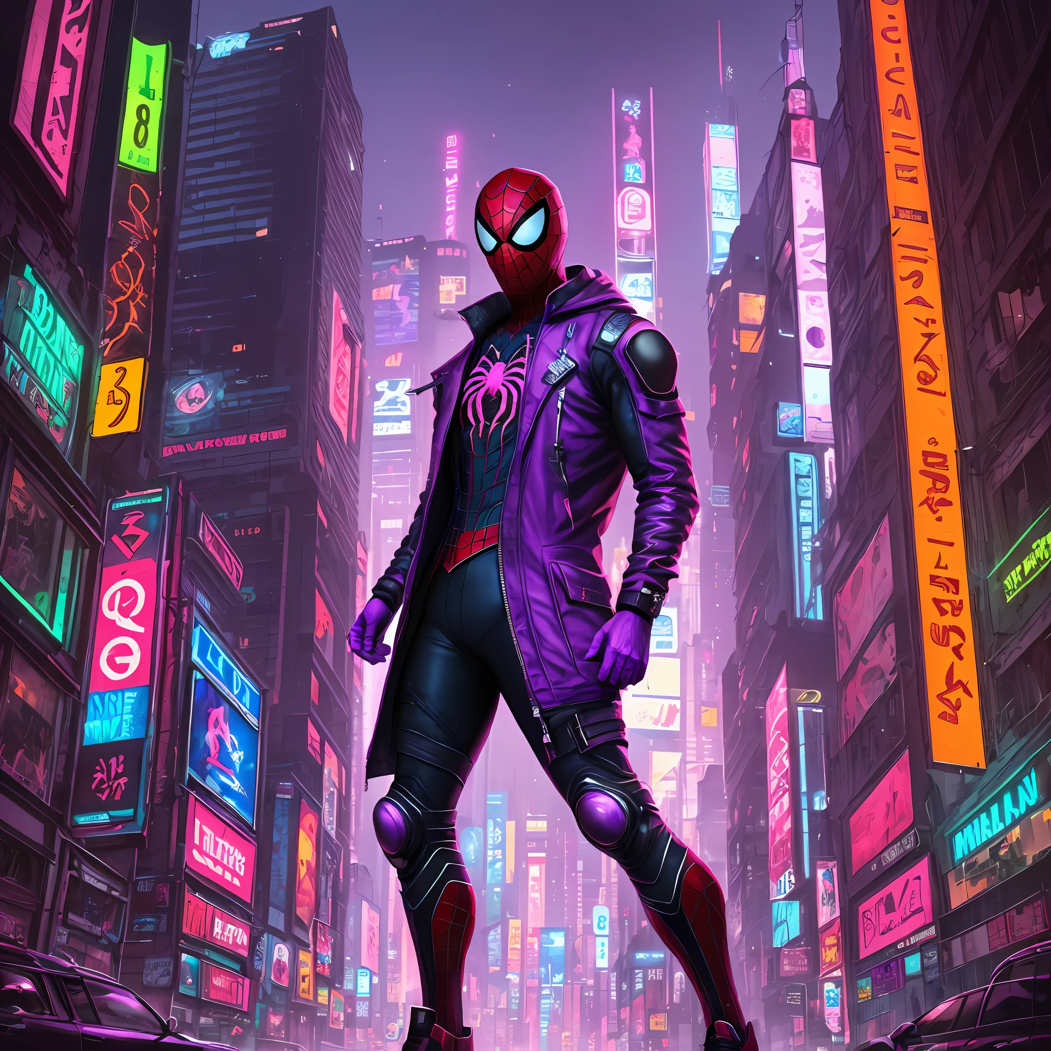 (8k, 8d, foto RAW, melhor qualidade, obra-prima: 1.2),Full body photo angle a beautiful cyberpunk city purple, a cyberpunk Spider man with a cyberpunk coat,neon light --auto --s2