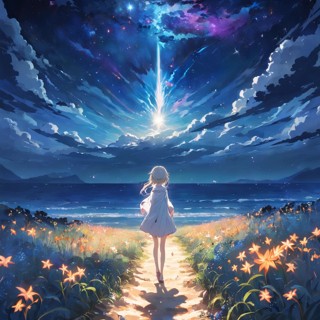 eventide,Stars,The back of the girl,white dresses,A sea of lilies,Rolling hills