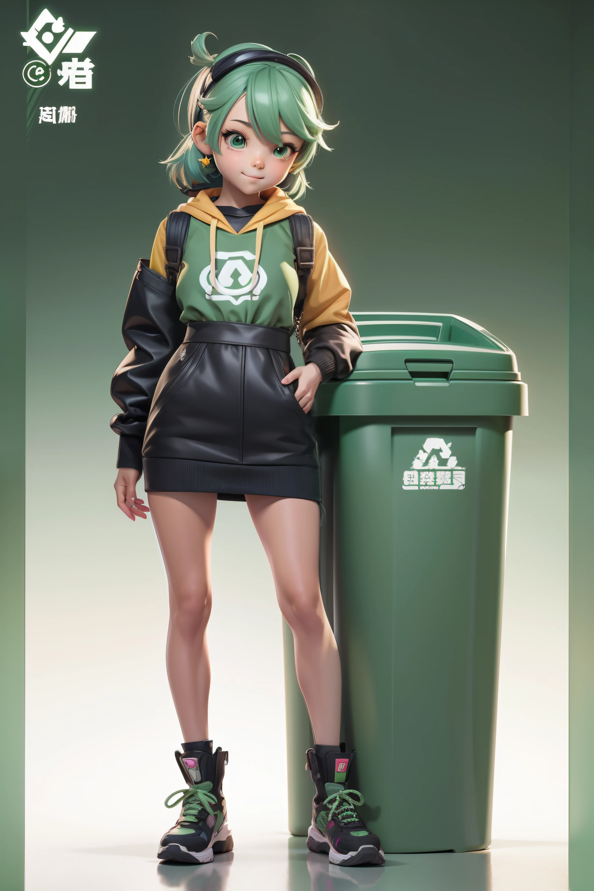 cute female child，Recyclables，Recyclable bins（Personification）（human figures）Q version of cartoon，Anime art concept art, （3D stereoscopic）（The color scheme is mainly the green of the recyclable bin）（Cute style illustration）Cute comic book style，Anime art concept art, Official illustration[Three-dimensional feeling][Lovely wind][Card ventilation][真实感]