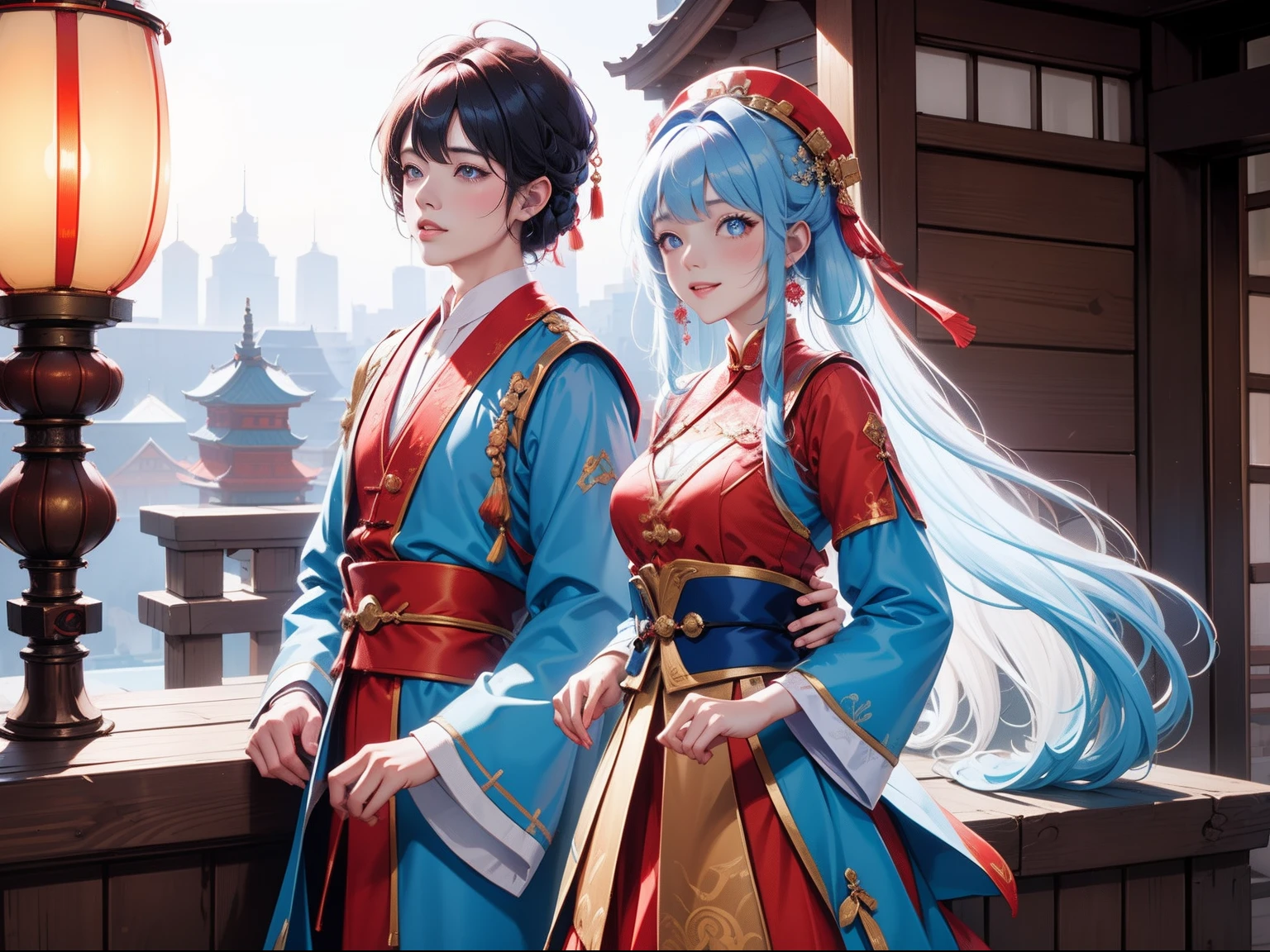 Chinese couple,Chinese Tang Dynasty costumes,Red bridal dress,wearing a hijab,A smile full of happiness、Kiss、At the bridge,Hongda scenes,Festive atmosphere