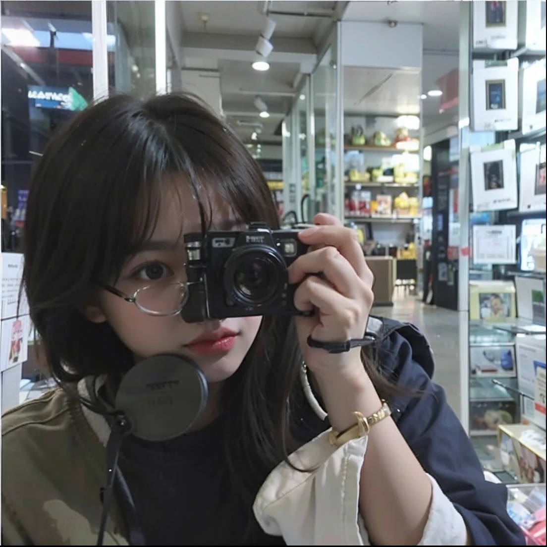 there is a woman taking a picture of herself in the mirror, 35mm —W 1920 —H 1080, Photography], 8k selfie photograph, appearing in a shopping mall, ulzzangs, Anime style mixed with Fujifilm, 😭 🤮 💕 🎀, Profile picture, She looked up at the camera,eye glass