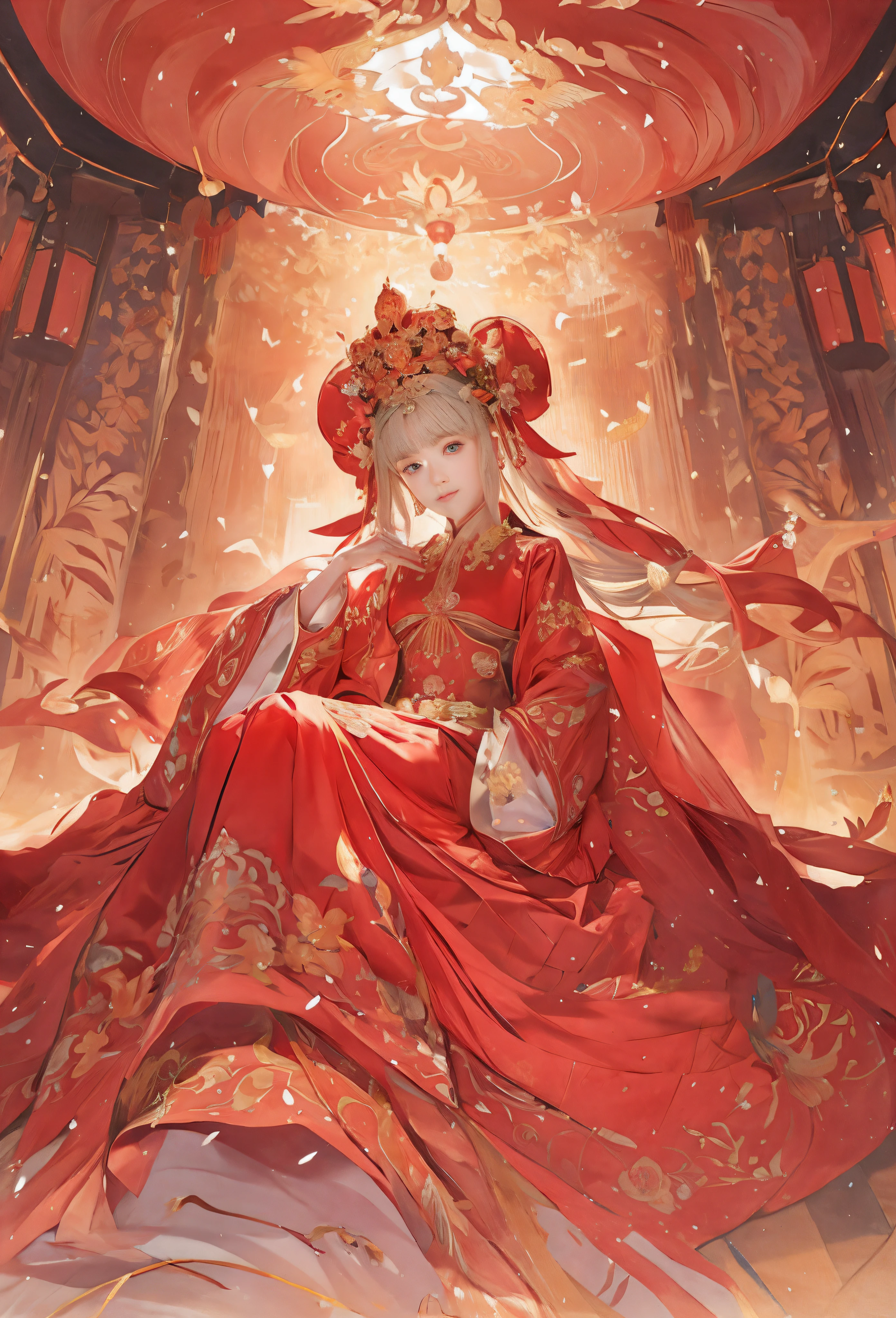 realisticlying，8K，Best quality at best，delicate patterns，intricately details，A woman in a red and gold dress，Sit right in the center，Palace，A girl in Hanfu，a beautiful fantasy empress，((a beautiful fantasy empress))，Perfect facial features，Exquisite facial features，delicated face，perfect hand，Perfect Finger，cosmetics，Blushlush，is shy，Phoenix crown，farsightedness，A princess，Artistically