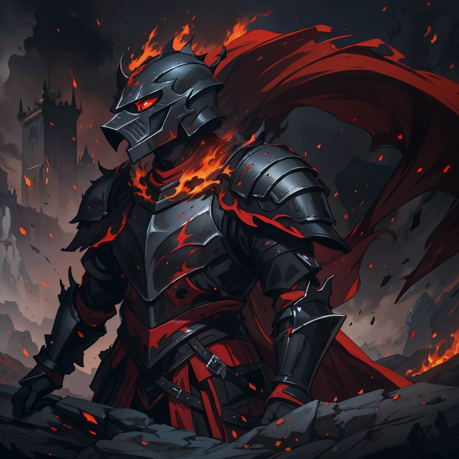A medieval knight a soldier in his red and black armor with a cervical helmet ponytail helmet completely covered by the armor with a dark helmet that hides his face a dark knight in a dark castle of black rocks dark colors he is wearing black and dark armor and elegant as an attractive villain is wearing dark medieval black armor Use dark shades The image has to portray the essence of a villain with dragon wears the essence of fire she is inspired by the volcanoes her dark essence through a medieval RPG concept art medieval art art illustration rpg he is young and handsome a villain with an impressive beauty like that of a seductive vampire a villain smile villain with a soft look red and black armor cervical helmet a dramatic pose dramatic pose of villain striking pose cervical helmet
