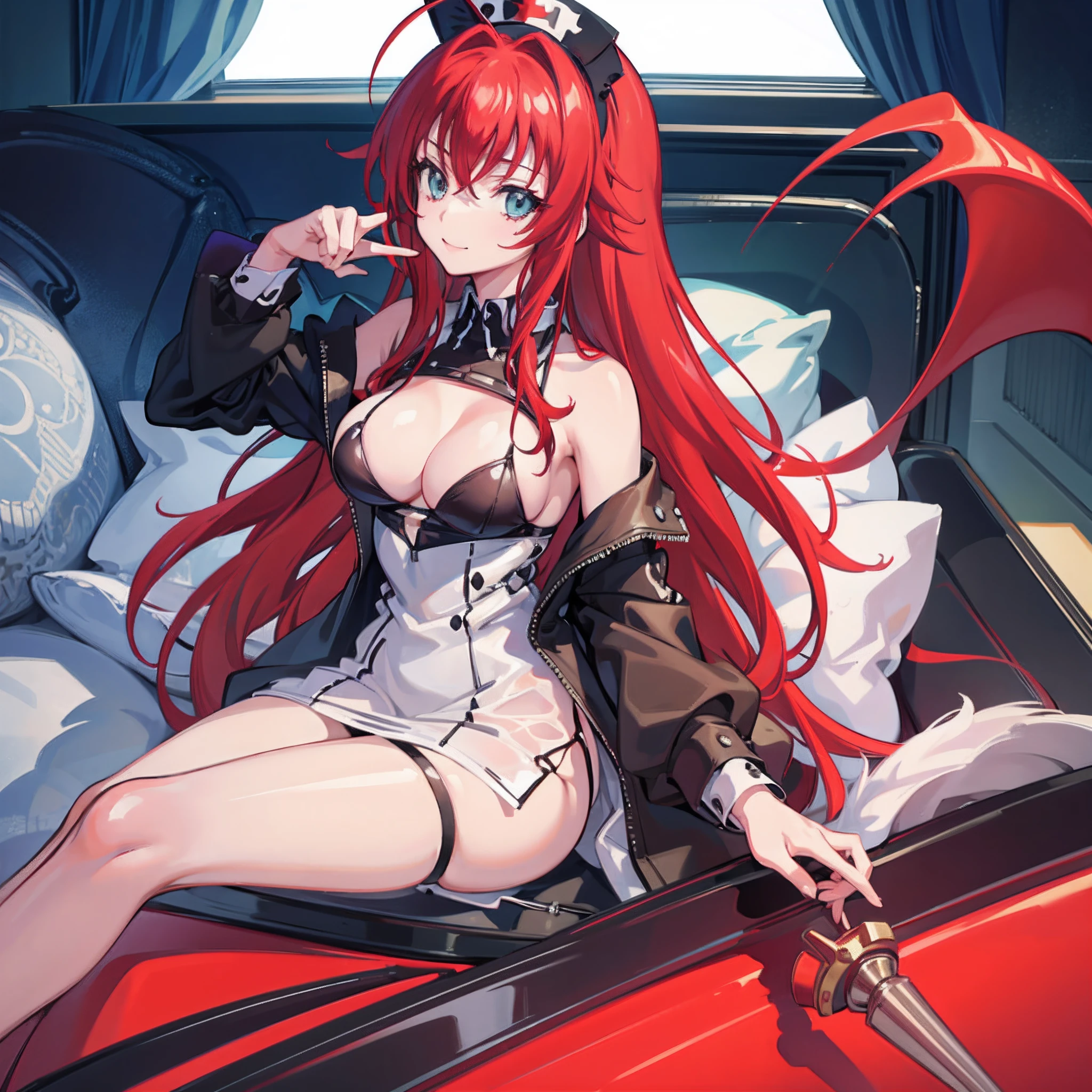1 girl, solo, close_up, low_angle, Rias Gremory, nurse_dress, low angle, proud pose, smile, large breasts, V-neck, boob window