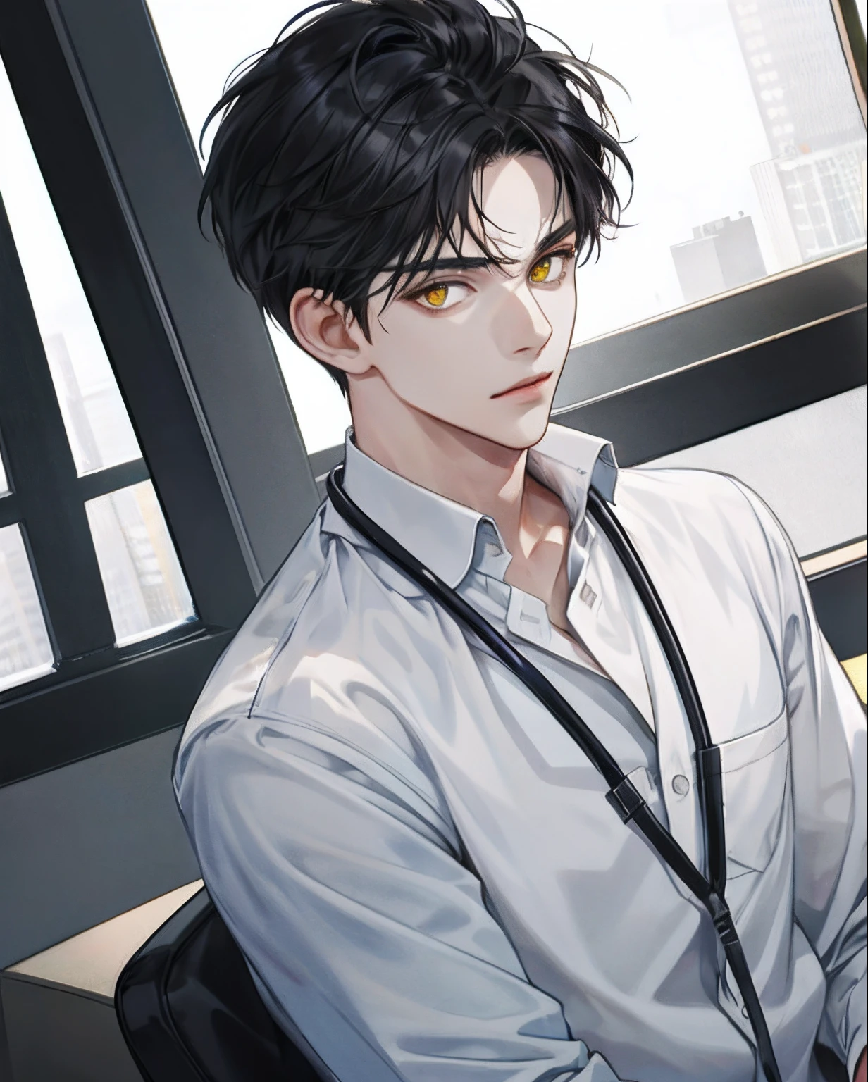 1boy, solo, looking at viewer, male focus, short hair, black hair, forehead, yellow eyes, white shirt, white blouse, black trousers, id around his neck, dutch angle, 4K, best quality, doctor vibe, masterpiece, upper body, face focus, mature, wear gloves, in hospital, (closed mouths), Perfect eyes, Equal eyes, (A male god)