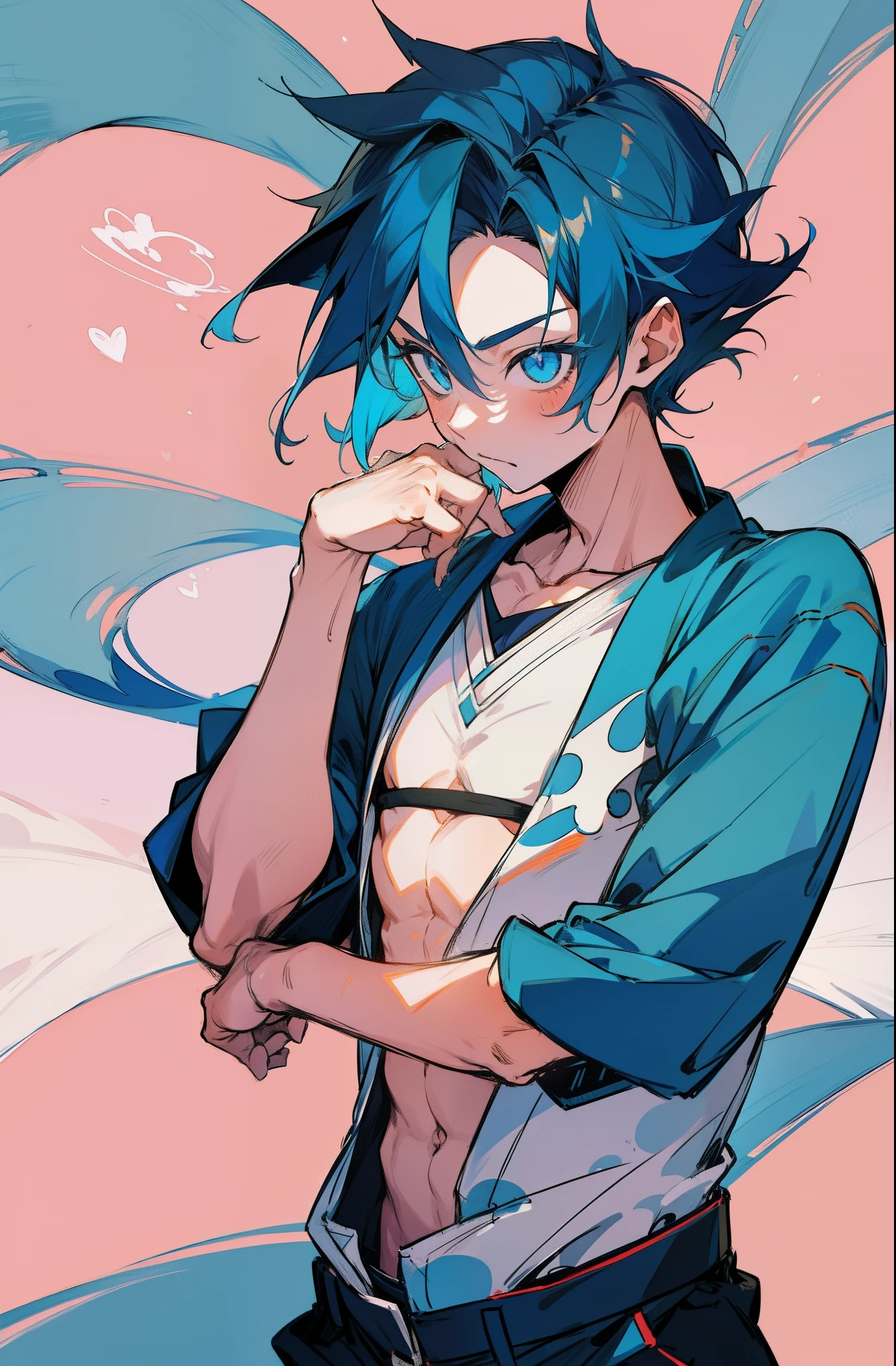 (1boy,masculino), de anime com cabelo azul e uma camisa de beisebol, Estilo anime 2D