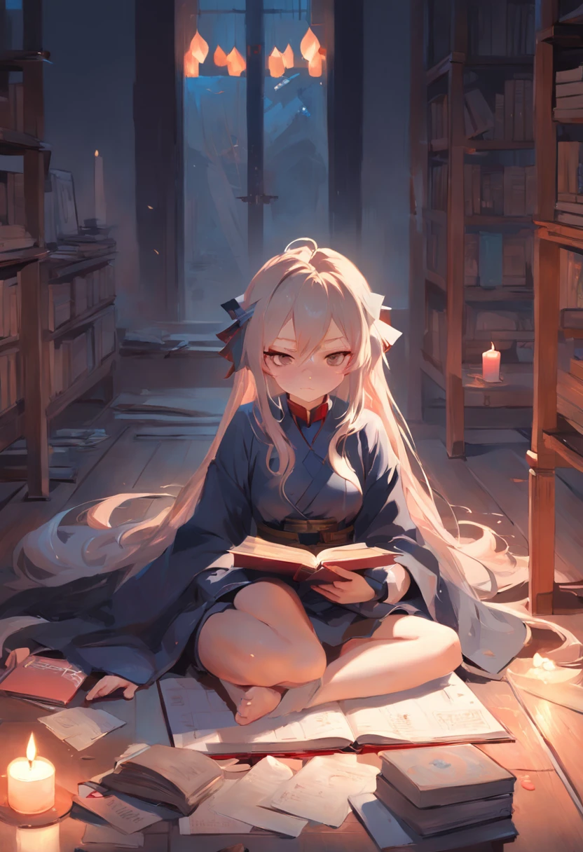 Anime girl sitting on the floor with a book and a candle, artwork in the style of guweiz, guweiz on pixiv artstation, guweiz on artstation pixiv, guweiz, artgerm and atey ghailan, loish and ross tran, loish and wlop, wlop and sakimichan