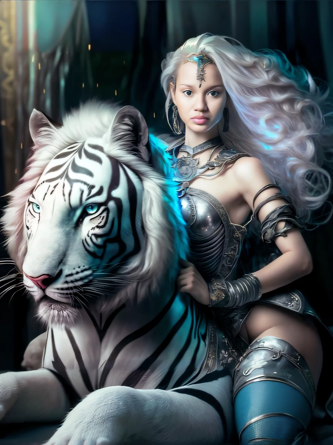 mulher arafed em uma roupa prateada sentada em um tigre branco, karol bak uhd, tigre branco, arte de fantasia digital em alta, Amano e Karol Bak, gorgeous goddess of leo, Magali Villeneuve», mulher da fantasia, arte de fantasia digital ), bela arte de fantasia, amazing fantasy art, arte de fantasia muito bonita, Rainha do gelo e da tempestade